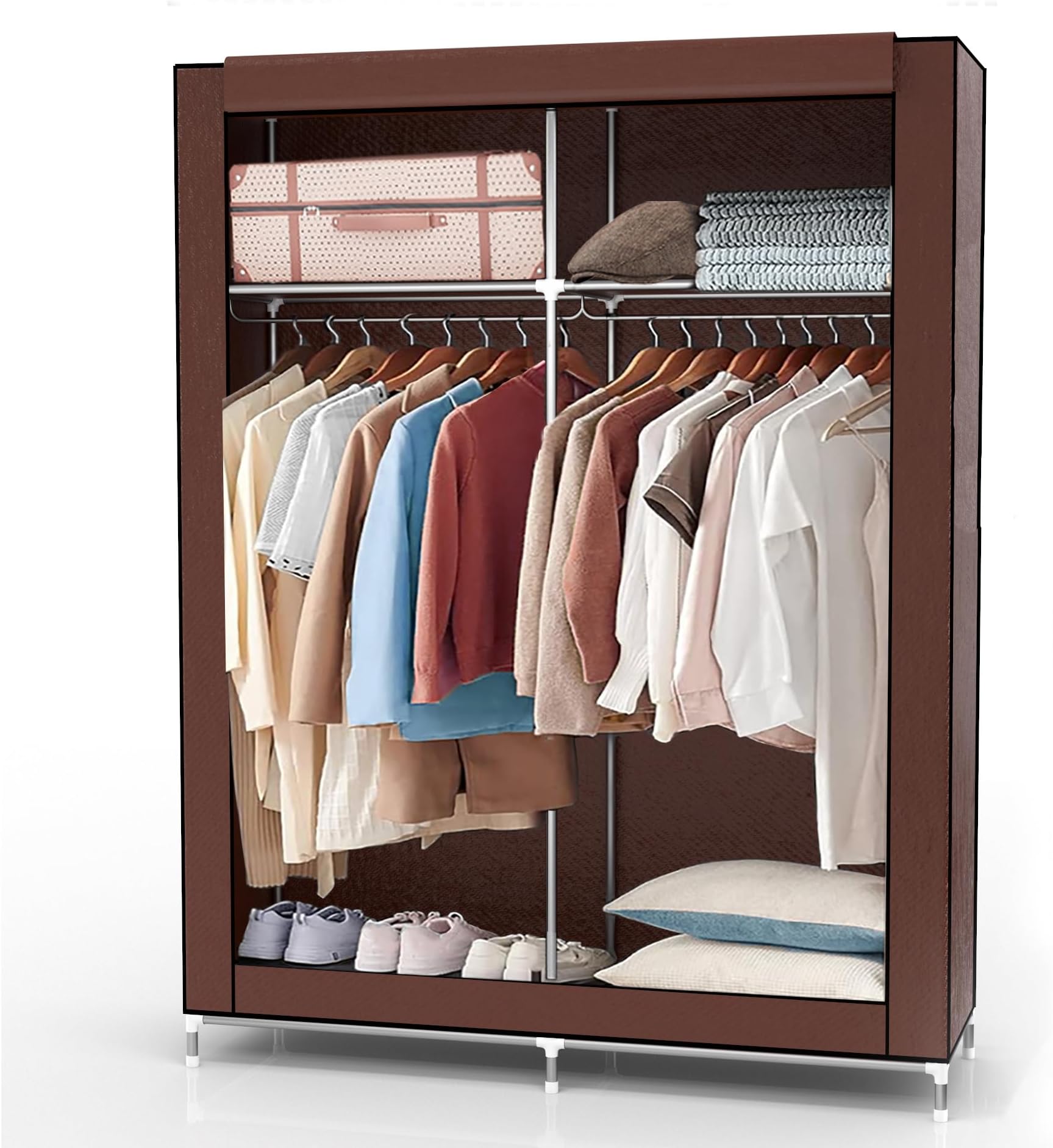 Aqrau Armoire De Rangement Garde-Robe, Penderie De Vêtement Pliable En Tissu Non Tiss Avec Compartiments Et Tringles 3 Portes Suspendue Des Deux Cts Noir 175 X 150 X 45cm 66611882