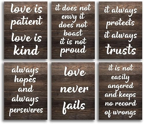 Juego de 6 carteles de Corinthians 13 letreros de pasillo de boda Love is patient Love is kind Love never fails placa de madera rústica