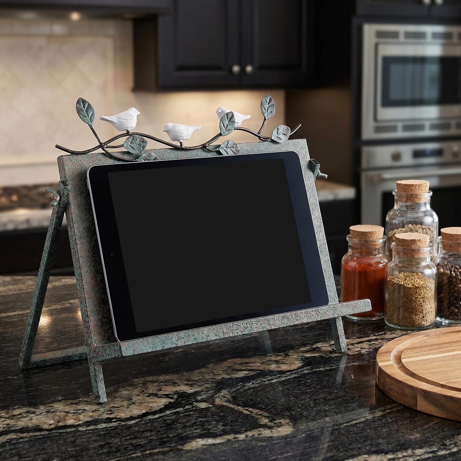 Adjustable Iron Cookbook Stand for Kitchen Countertop, Metal Recipe Book Holder with Easy to Clean Surface and Versatile Use, Sleek Green Reading Rack with Adjustable Viewing