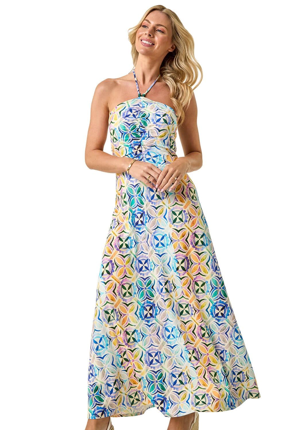 Roman - Women's Maxi Dress - Petite - Blue - Abstract Gathered Halter