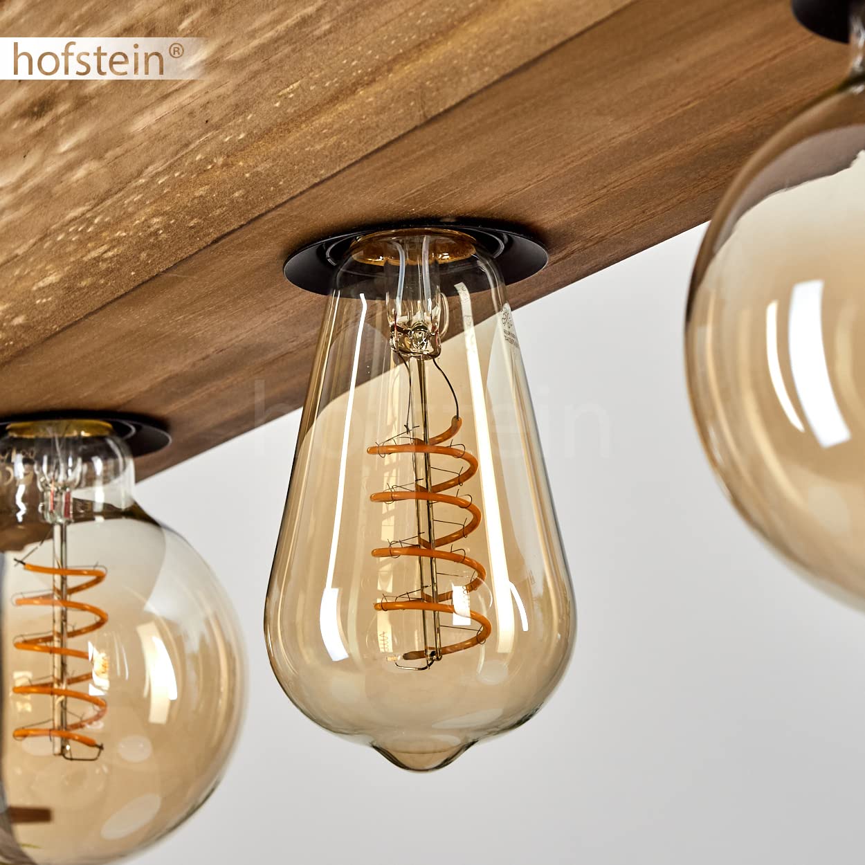 HOFSTEIN Deckenleuchte Berat, Deckenlampe aus Metall/Holz in Schwarz/Naturfarben, moderne Leuchte im Retro/Vintage-Design mit Holzbalken, 4 x E27, Esszimmer, Schlafzimmer, Wohnzimmer, Küche