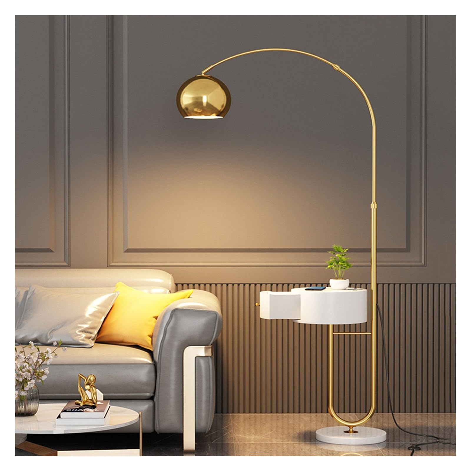 Z4T8M2K6G5 Tall Standing Lamp Floor Lamp with Table, Lamps for Living Room with Charging Station, Modern with Drawer, for, Bedroom(Gold)