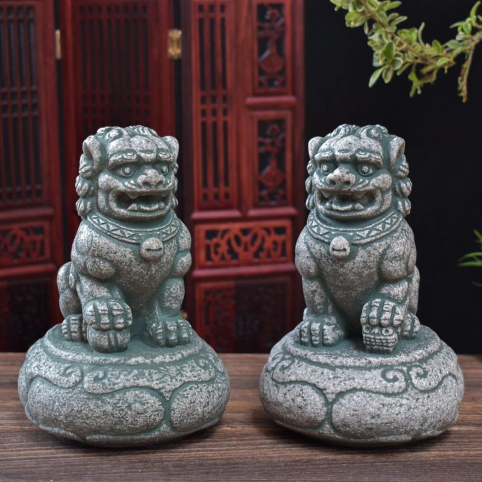 Lions en pierre de style chinois : cadeau decoration maison unique