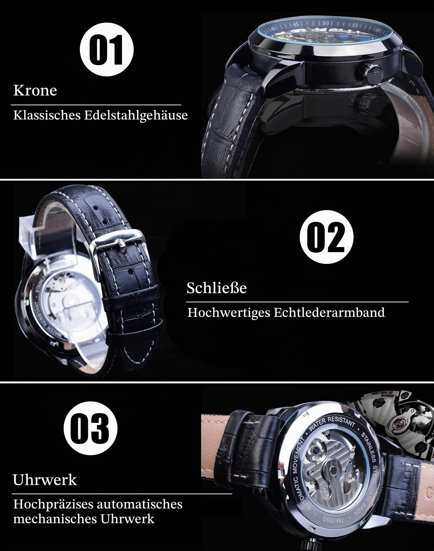 FORSINING Men's Skeleton Moon Phase Watch Mechanical Self-Wind Tourbillon Dual Time Zone Watches Automatic Luxury Leather Strap Large Dial Wristwatch