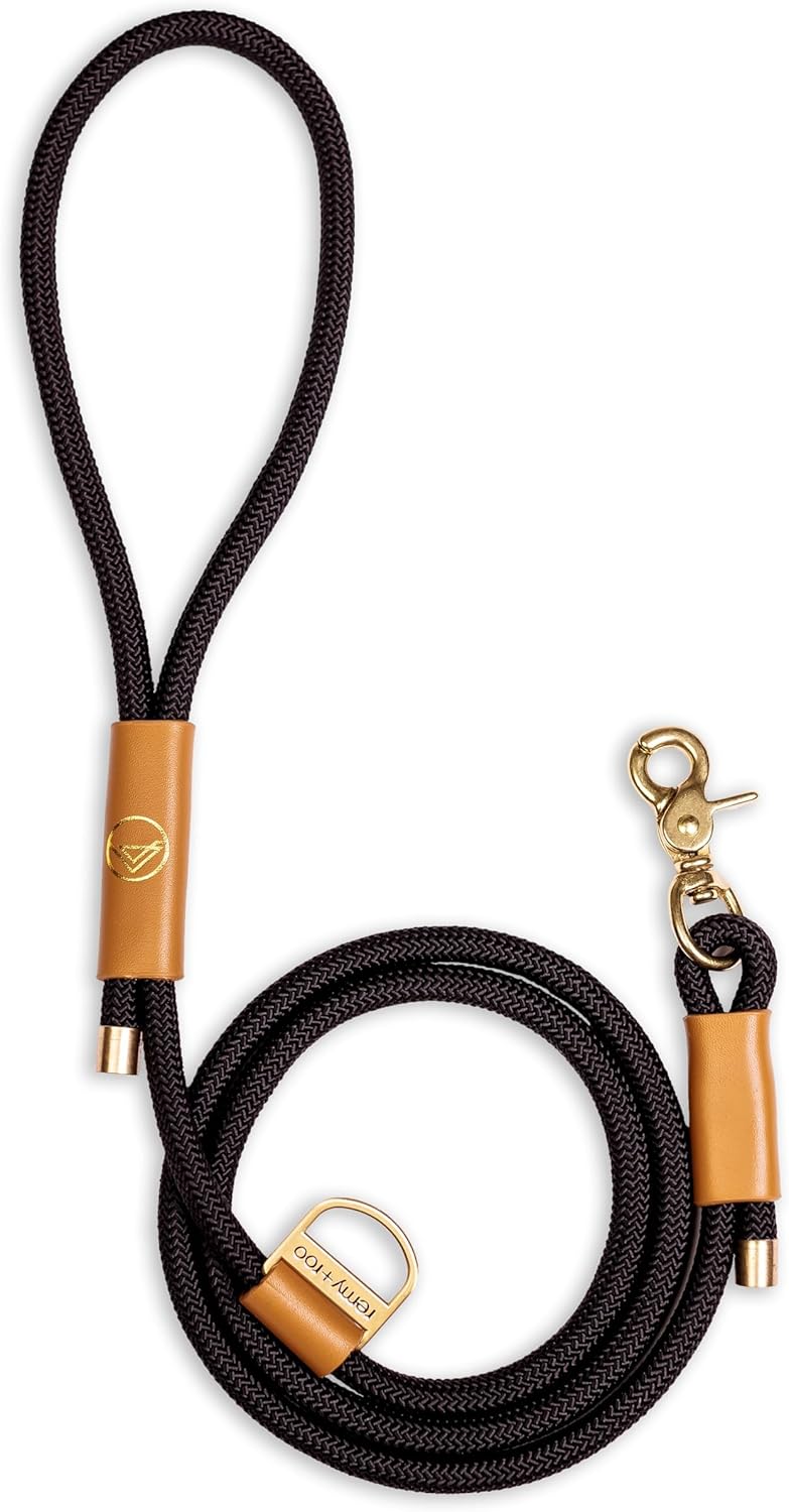 Remy+Roo Manhattan Black Heavy Duty Dog Leash - 5 ft, Custom Waste Bag Ring, Double Stitched Leather, Lobster Clasp, Brass Finish - Suitable for Large, Medium & Small Dogs