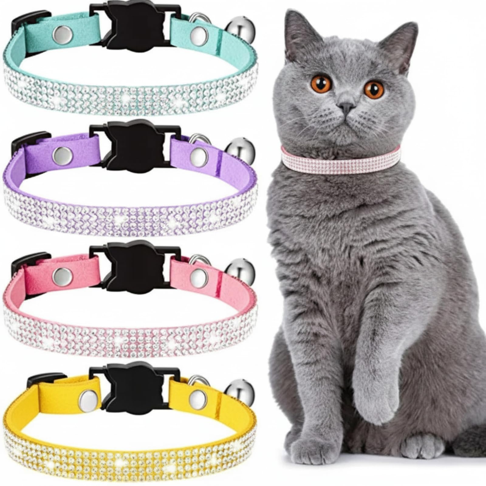 Weewooday 4 Pieces Rhinestones Cat Collars Breakaway Cat Collar with Bell Bling Pet Accessories with Soft Velvet, 4 Colors(XS,Purple, Blue, Gold, Pink