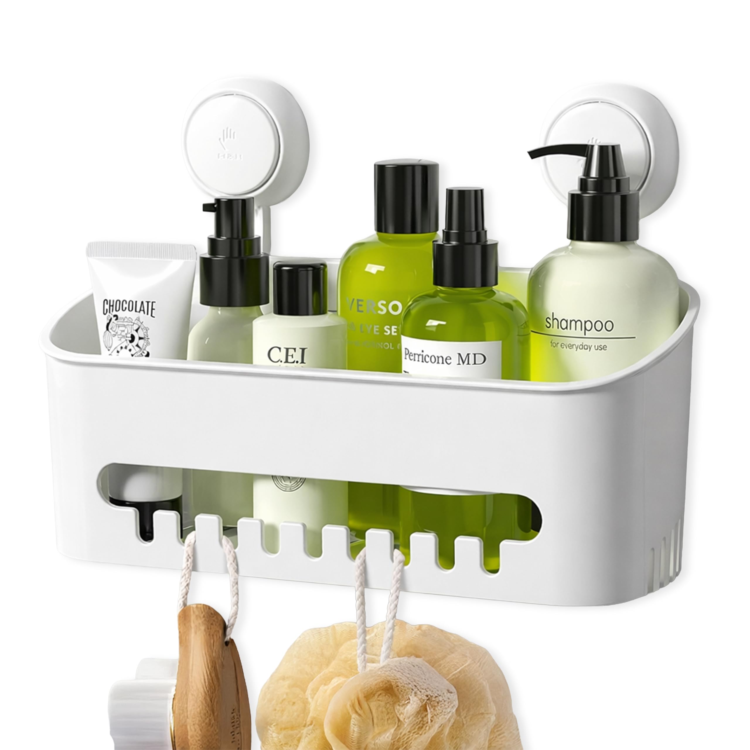 Zuvo Shower Caddy with Suction Cups – No Drill Bathroom Shelf for Shampoo and Toiletries, Rustproof Plastic Shower Organiser (White, Rectangle)