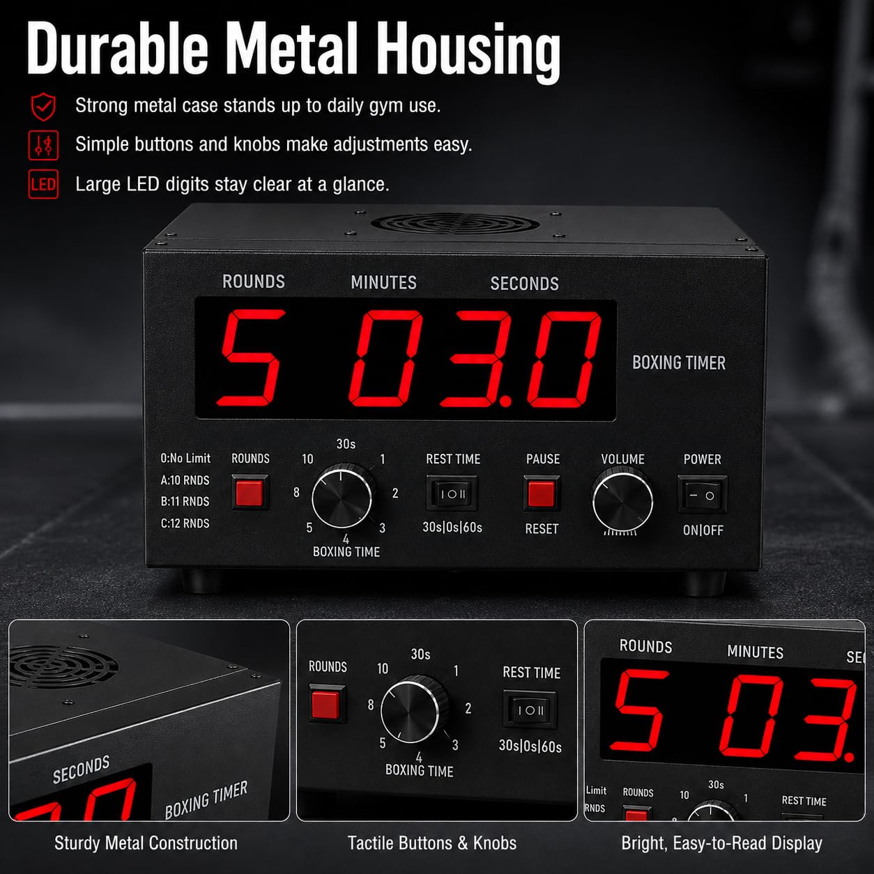 Timer intervallo di boxe portatile, 1-12 o round illimitati | Display a LED timer intervallo palestra, conto alla rovescia e avvisi cicalino, boxe e MMA(red)