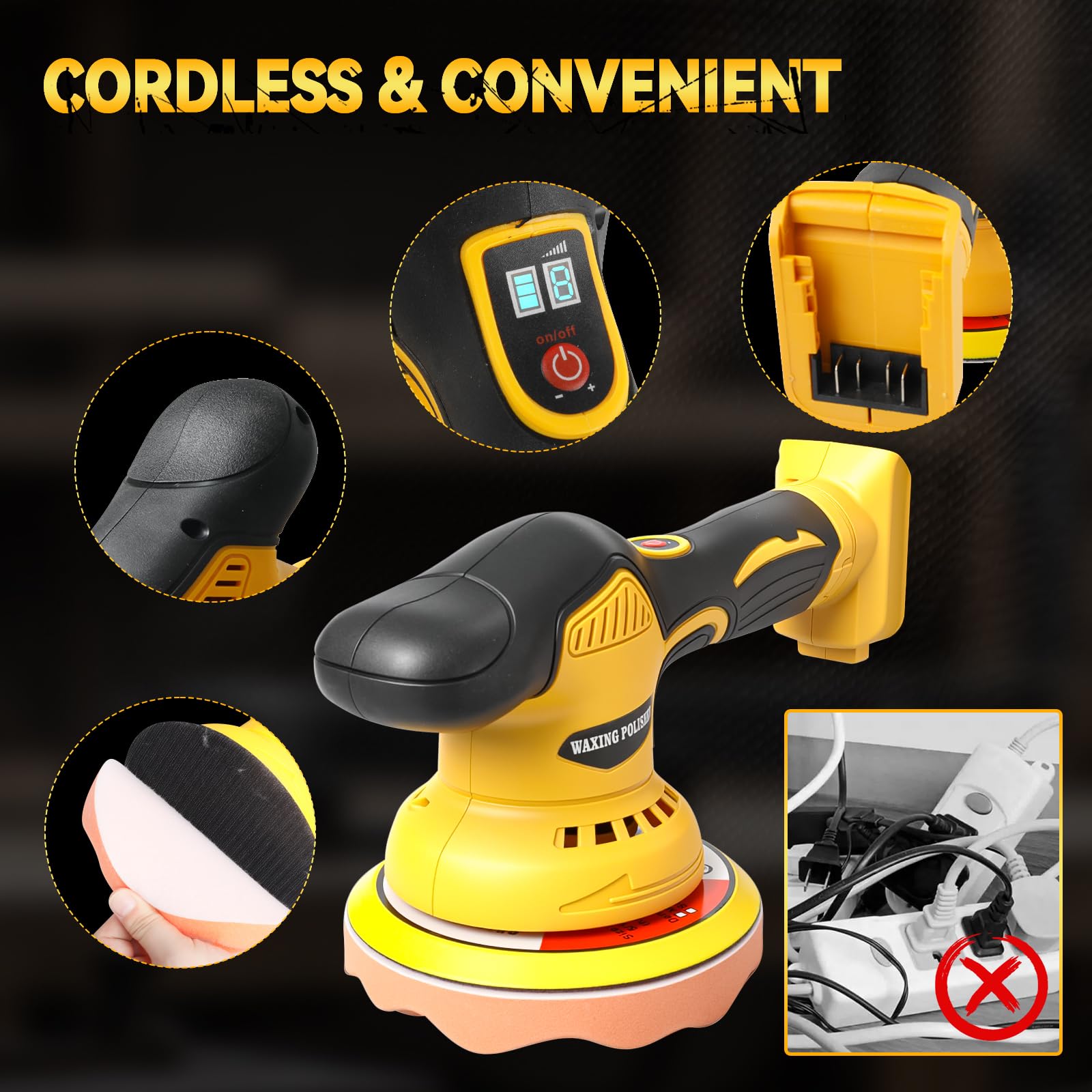 Pulidora de autos inalámbrica para Dewalt, sin escobillas de 6 pulgadas, pulidora orbital de 8 velocidades variables, 5500 RPM para detalles de autos encerado eliminación de rayones (sin batería)