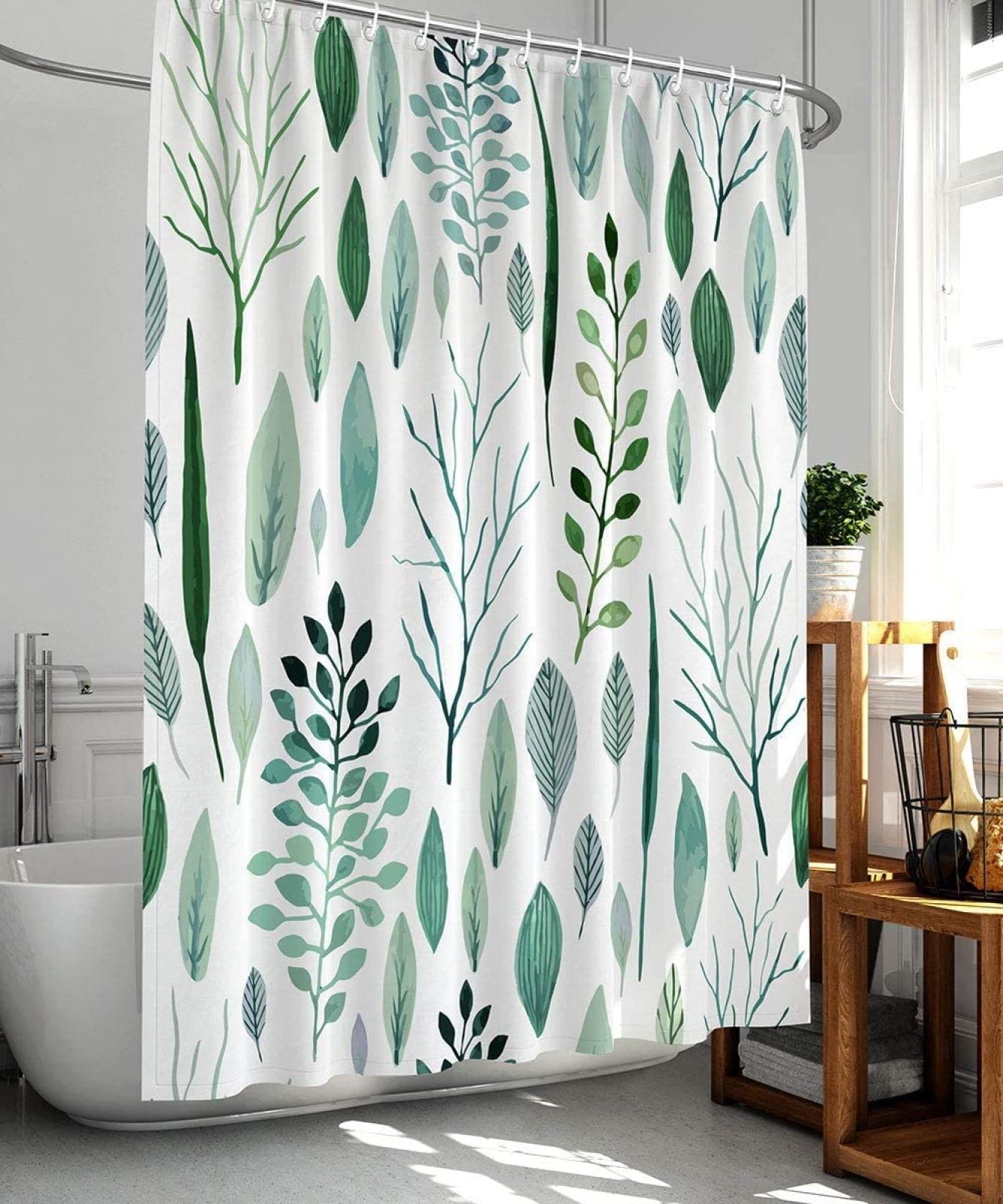 Uiiooazy Tenda Doccia Antimuffa, Tenda Da Doccia 180x180cm Eucalipto Foglie Blu Scuro E Verde Fiori Tende Da Bagno Tessuto Lavabile Impermeabile Poliestere Tende Per Vasca Da Bagno Con 12 Anelli - 2