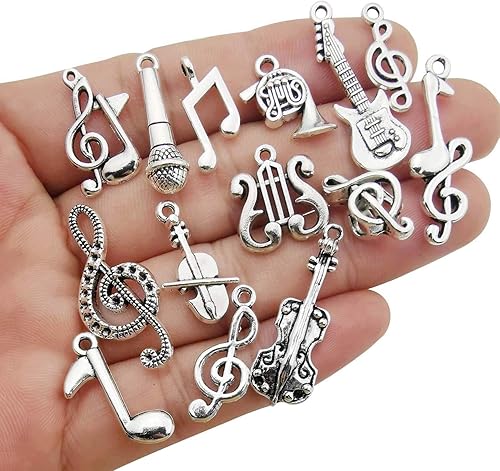 Miniatura 3 de 70 piezas de suministros de artesanía instrumento de plata notas musicales dijes colgantes para manualidades, hallazgos de joyería, accesorios para