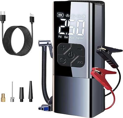Inflador de neumáticos compresor de aire portátil con arrancador de salto - 150 PSI y 8000 mAh batería de coche arrancador con medidor de presión de
