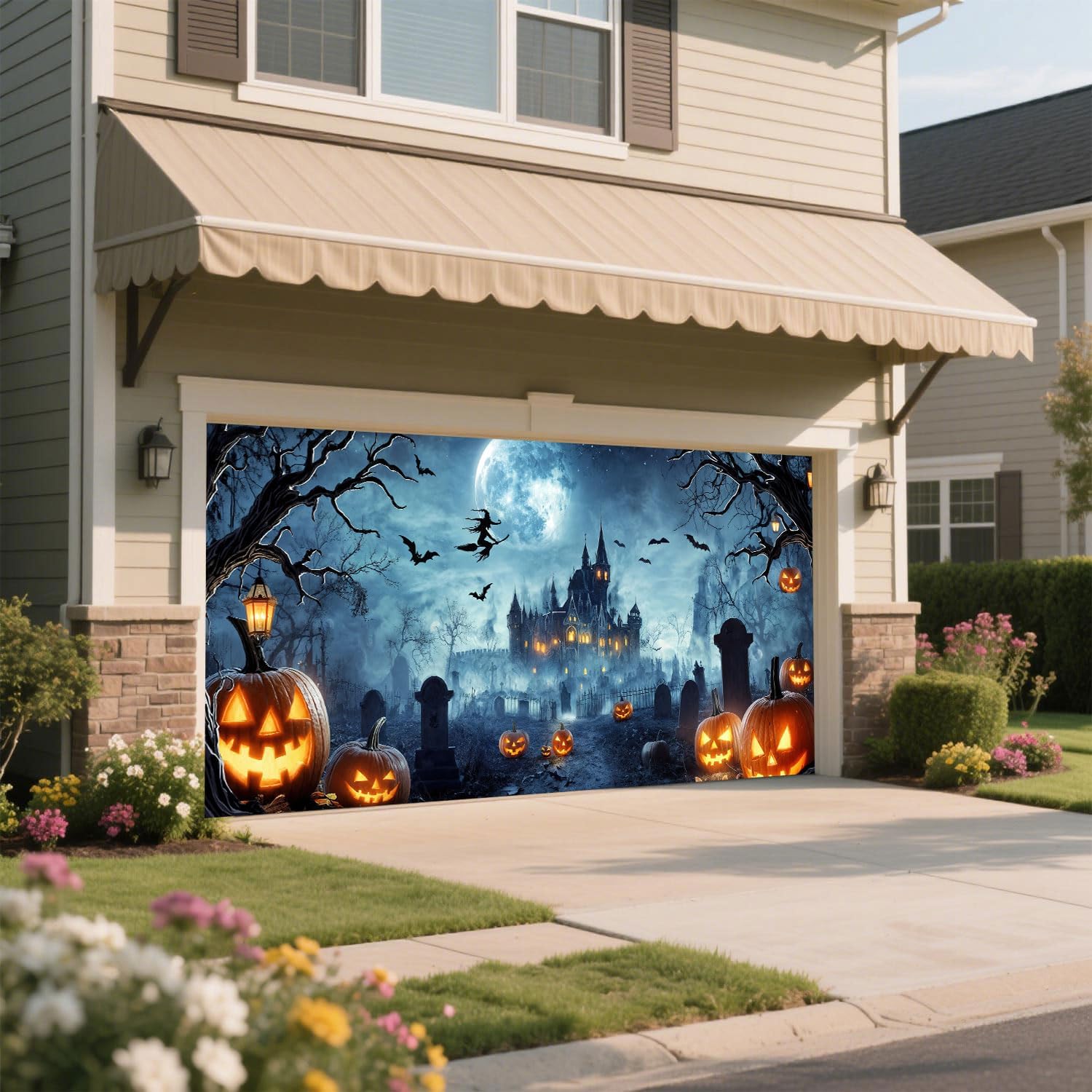 16x7FT Halloween Garage Door Cover Large Hanging Banner Spooky Forest Pumpkin Photography Background for Party Decorations Outdoor Holiday Portrait Photo Booth