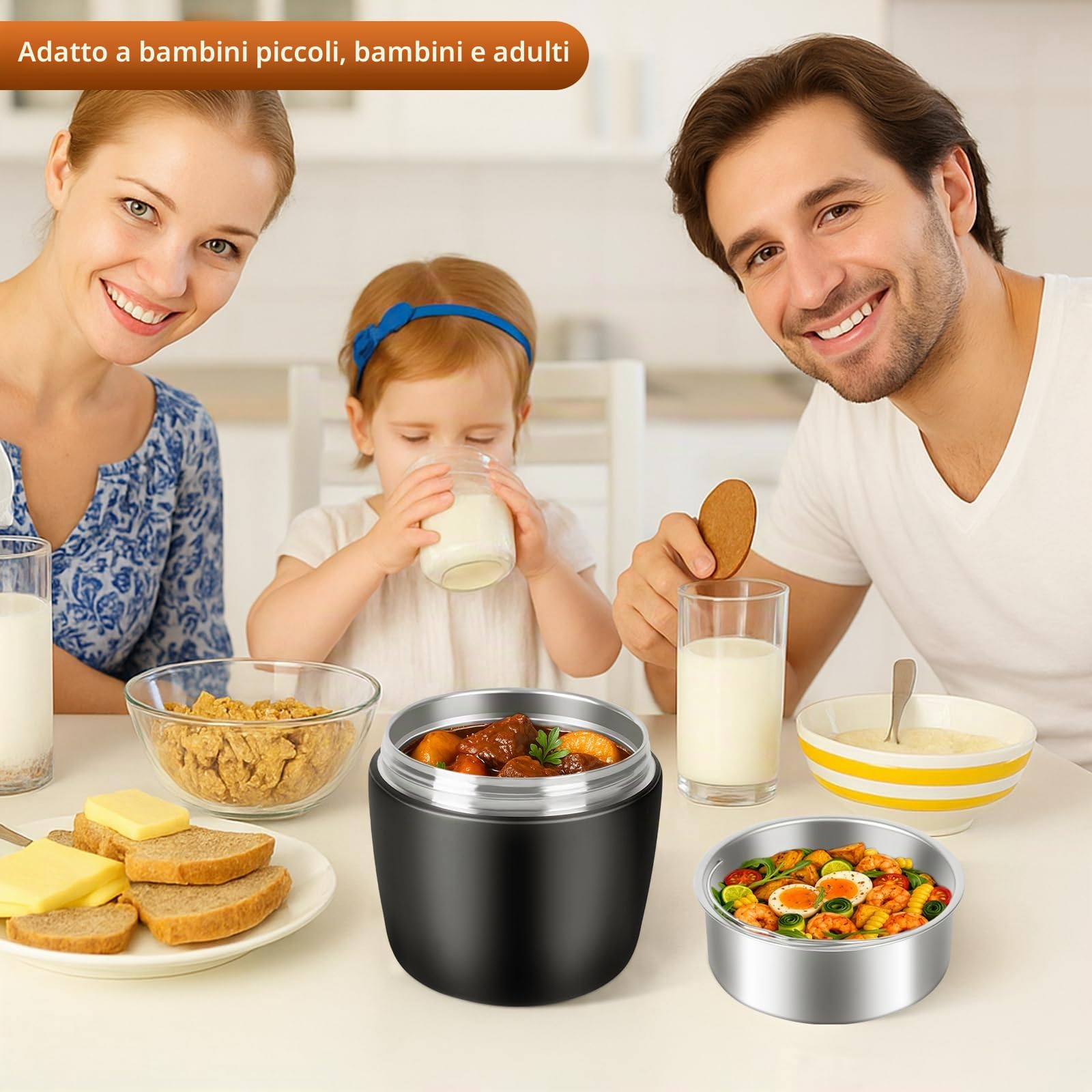 Termos per Alimenti 1200 ml, Contenitore Termico per Alimenti Caldi, Portapranzo Termico Acciaio Inossidabile con Sacchetto Isolante e Cucchiaio, Portavivande per Zuppa, Pasta (Nero)
