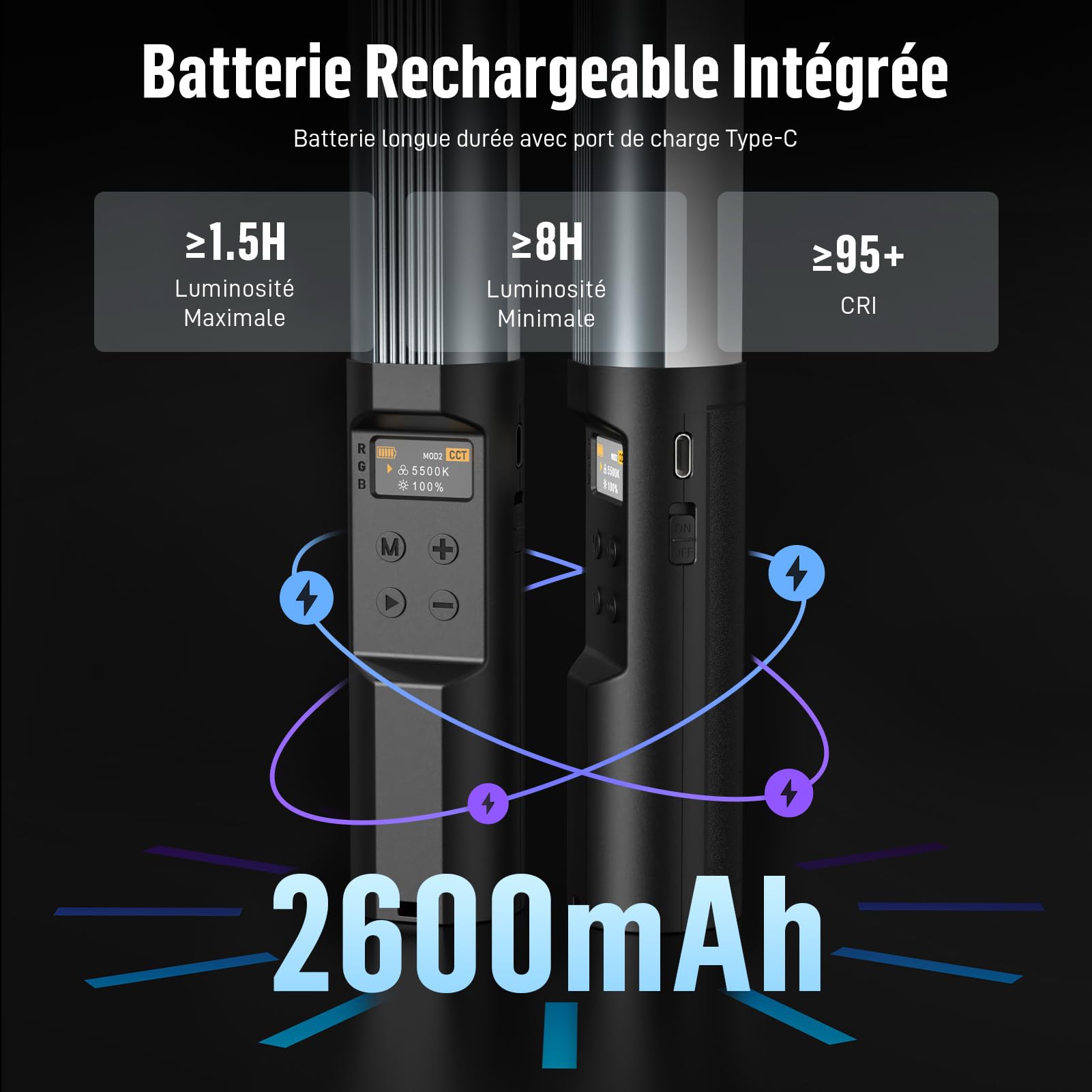 Lampe Vidéo LED RGB Tube Lumineux pour Photo avec Contrôle APP, 360° Couleurs Complètes, 2500K-9900K, Luminosité Réglable, 24 Effets, 2600mAh Batterie pour TikTok, Vlog, Youtube, Photographie