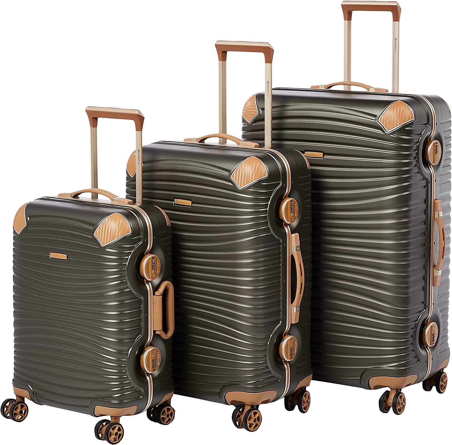 Eminent Luggage Makrolon Polycarbonate Gold Jetstream Aluminum Frame Zipper Less Suitcase Extra Corner Protection Double TSA Lock E9R1 (Set of 3, Olive)