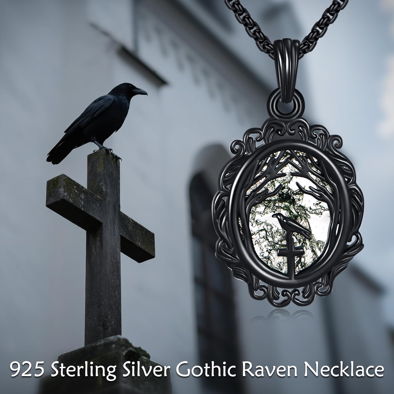 Black Raven Necklace 925 Sterling Silver Goth Crow Pendant Necklace Gothic Raven Jewelry Gift for Women - Image 6