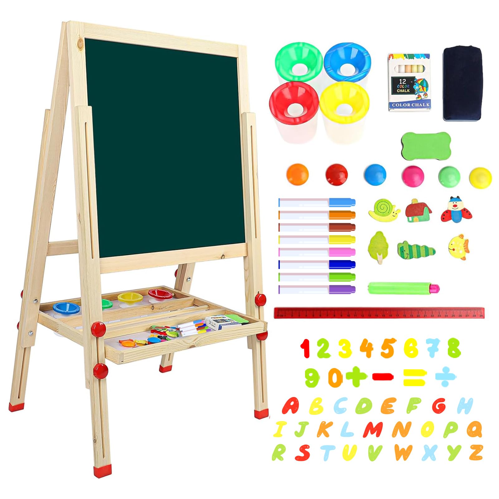 Chevalet Double Face En Bois Pour Enfants - Tableau Noir + Tableau Magnétique Blanc, Réglable, Avec Accessoires
