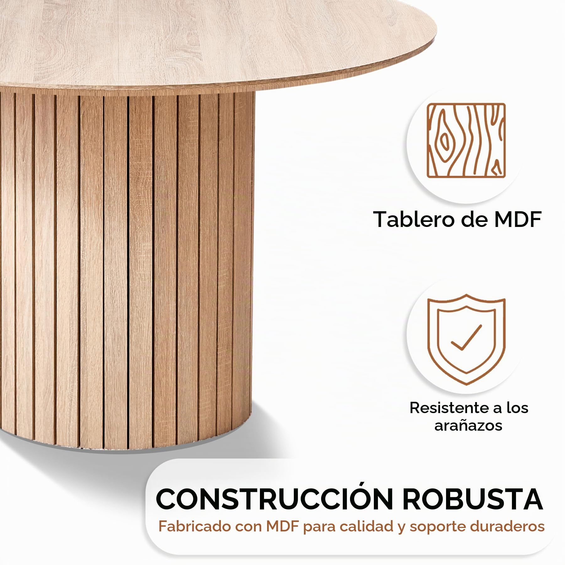 Mesa de Comedor Redonda para 4-6 Personas, Mesa de Comedor de Granja con Base de Pedestal de Listones de Madera, Mesa de Cocina en MDF (Natural, 120 * 120 * 76cm)