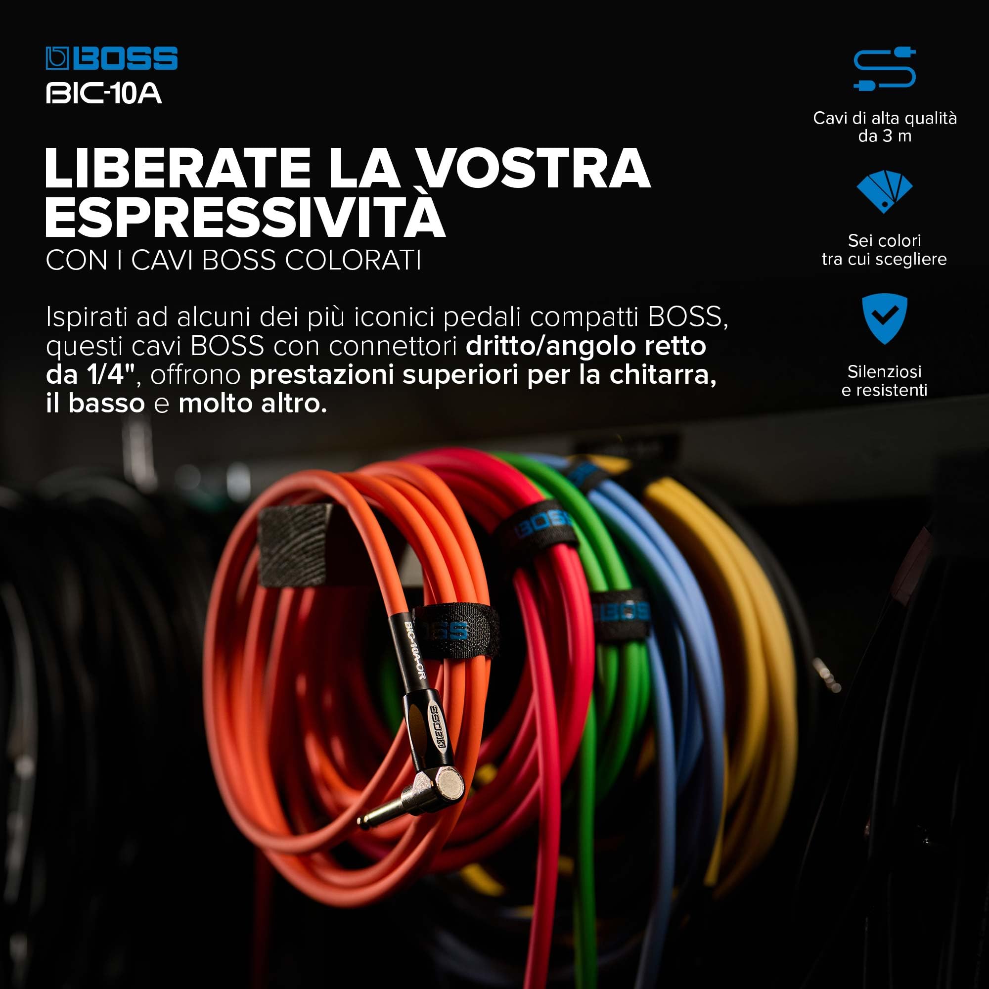 BOSS Serie BIC-10A | Cavo per Strumenti | Connettori da ¼ di pollice Dritto/Angolo Retto | Lunghezza 3 m | Cavi di Alta Qualità per la Chitarra, il Basso e Altro | Robusti e Silenziosi | Rosso