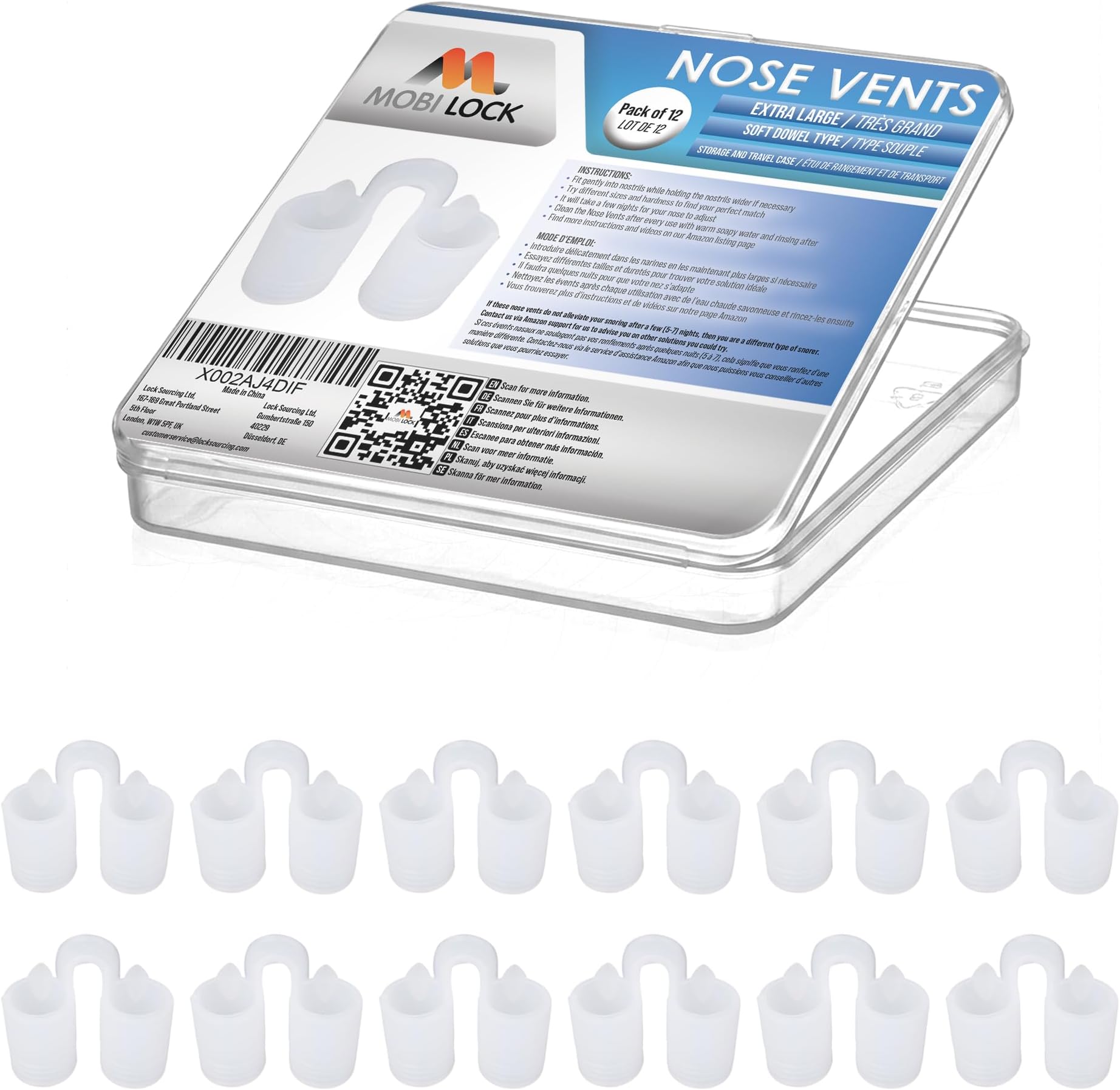 Nose Vent Sinus Relief Dilator (Pack of 12 XL Size) Soft Vents - A Simple Solution for Nasal Snorers - Reusable Snoring Device to Enjoy a Peaceful Night's Sleep - by Mobi Lock