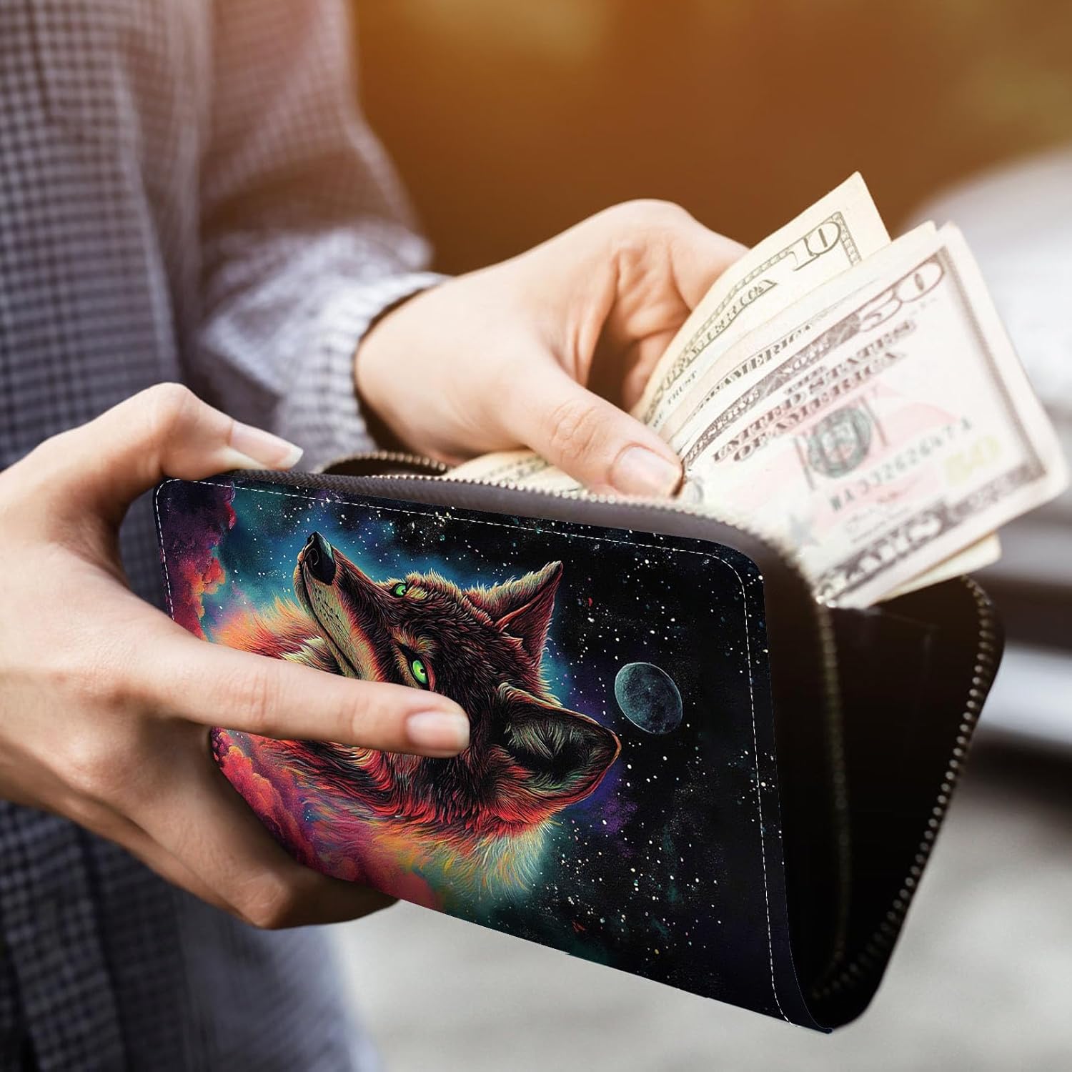 Women Wallet,RFID Blocking Leather Clutch,Large Capacity Zip Around Purse with Multiple Card Slots & Cash Compartments - Nebular Wolf - Image 4