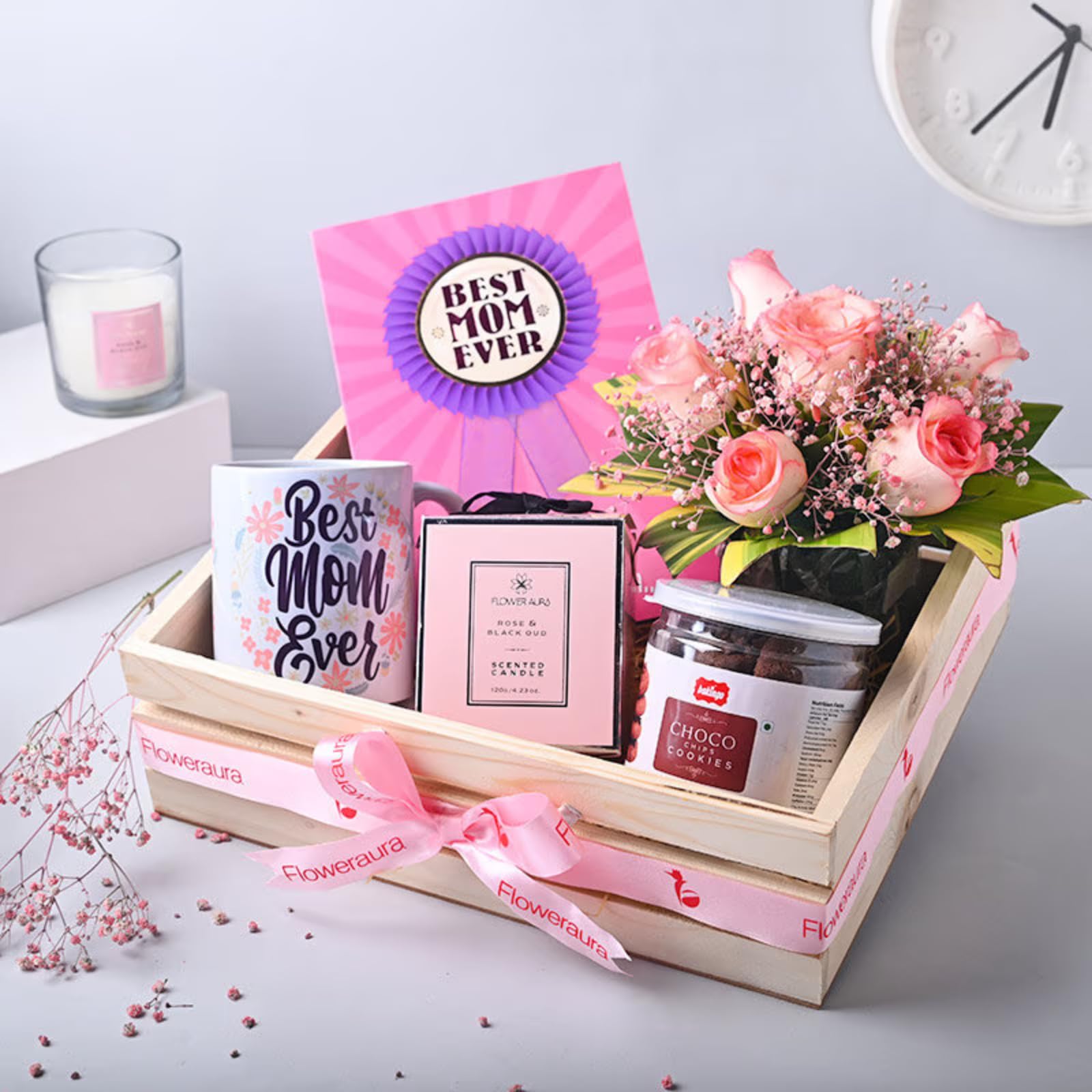 FlowerAura Hamper Includes Candle, Ceramic Mug, Choco Cookie, Greeting Card, 6 Pink Roses In Wooden Basket For Mothers Day Gift, Gift For Mom, Gift For Maa, Gift For Mother-In-Law (Same Day Delivery) (B0D32Z2382) Amazon Price History, Amazon Price Tracker