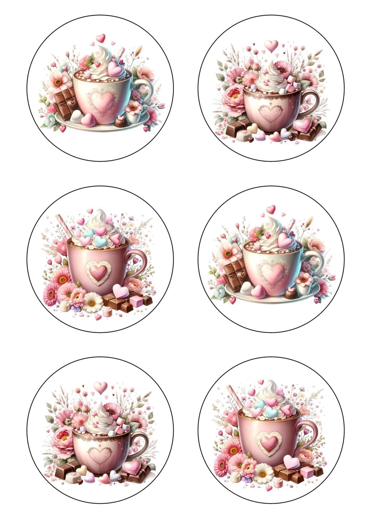 12 Hot Chocolate Drinks Selection - Card Making Toppers Self Adhesive Circles - Glossy Finish Medium 88mm (3.5 inches) Diameter - Pack of 12 (Two Sheets of 6) - Crafts Labels