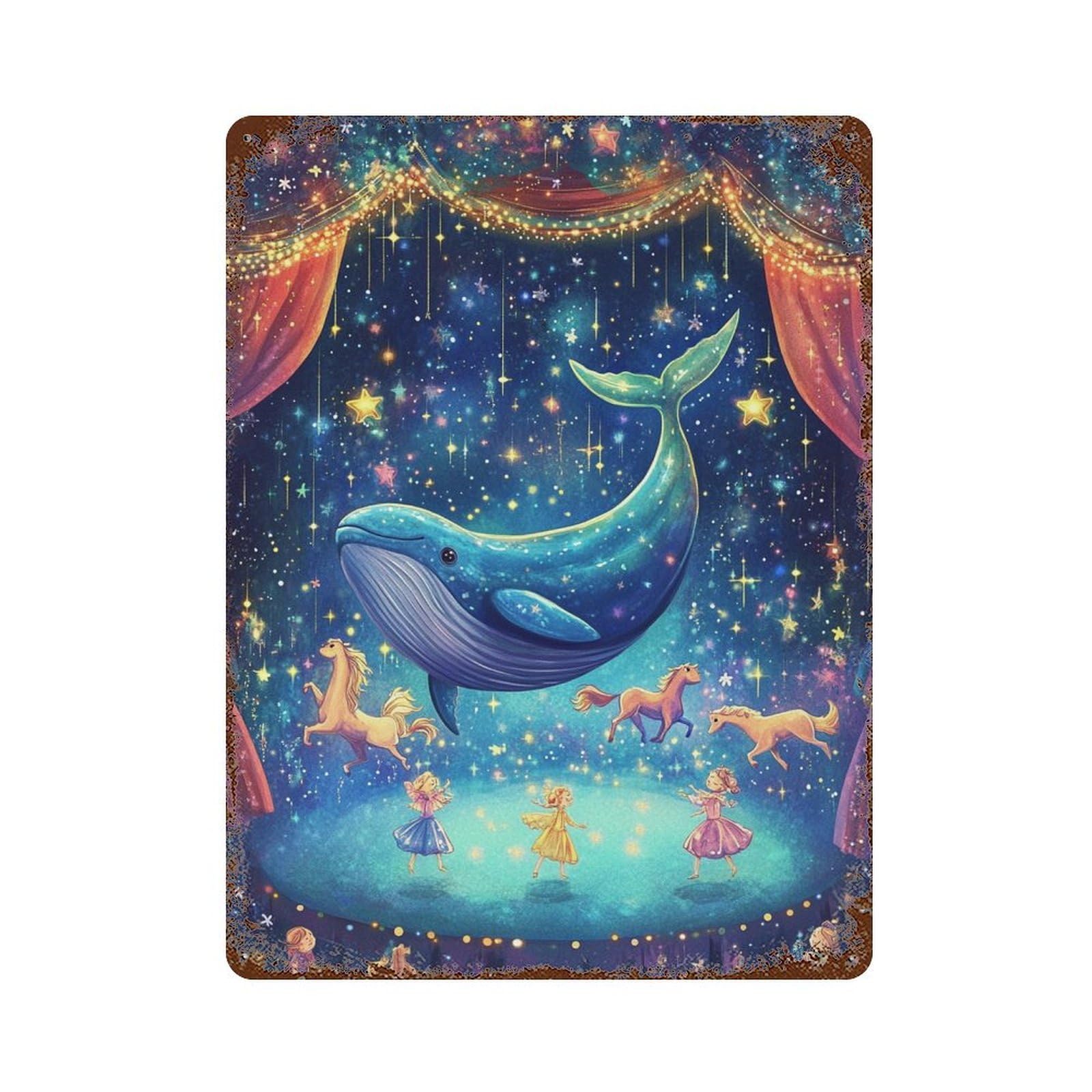 Decorative Tin Sign with Magical Whales And Fairies Design 15.7"x11.8", for Basement, Hobby Room And Garage Decor, Farmhouse Wall Decor