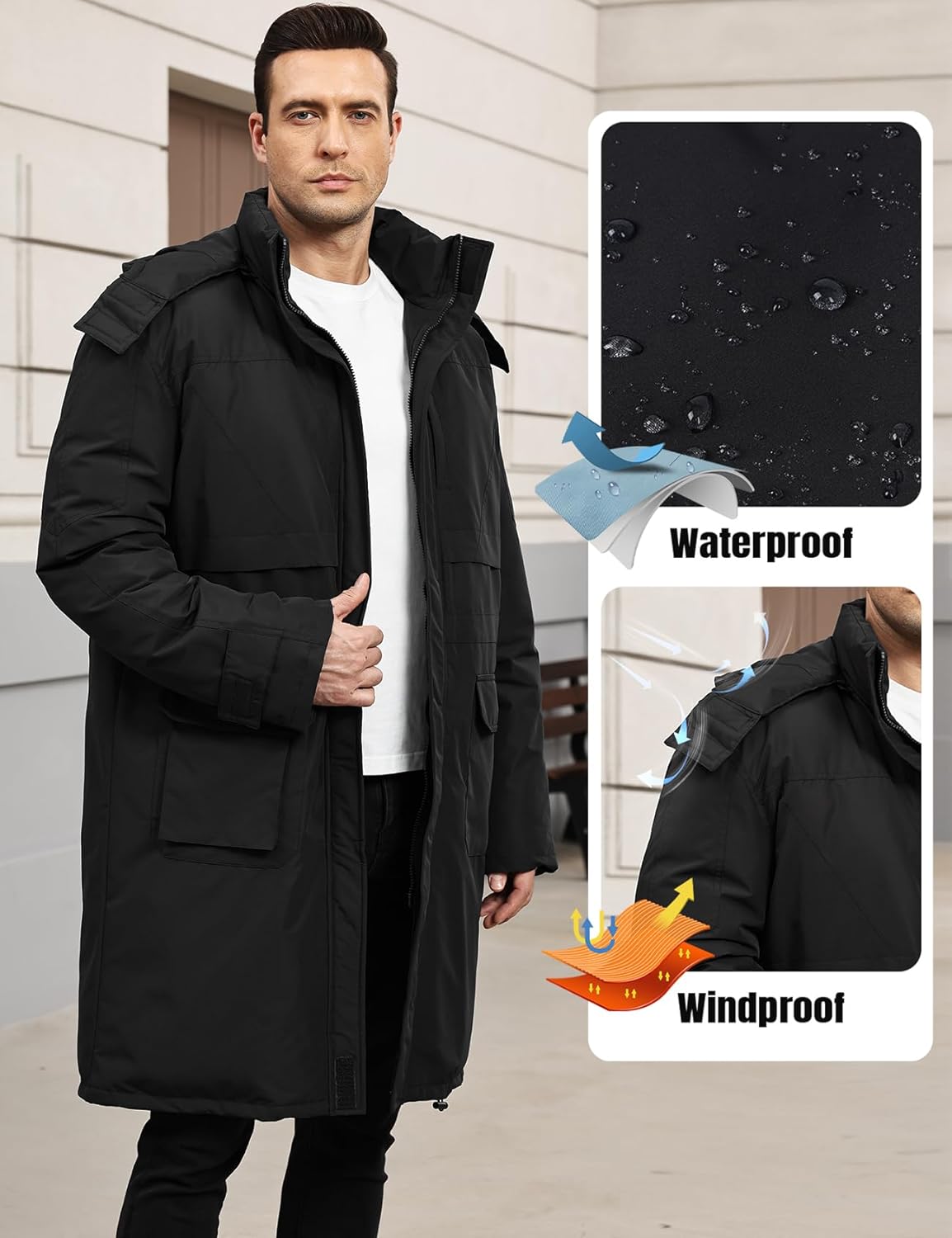 Yimoon Mens Long Parka Winter Coats Water-Resistant Warm Thicken Hooded Puffer Jacket Heavy Padded Windbreaker Outerwear(Black-XL) - Image 5