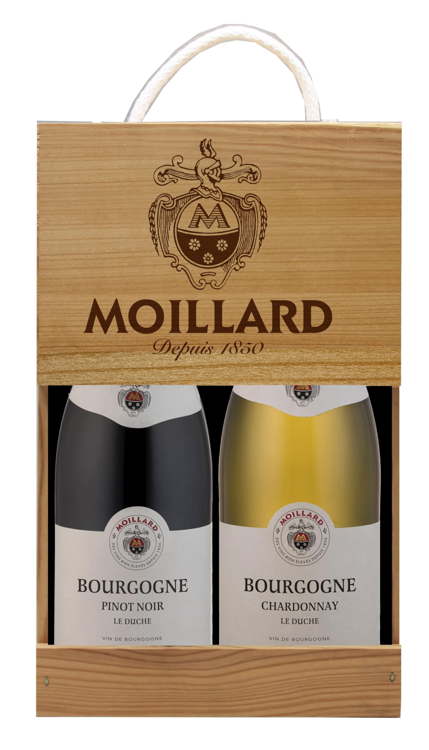 Moillard - Geschenkset Chardonnay und Pinot Noir, Rot- und Weißweine aus Burgund in Holzkiste (2 x 0,75L)
