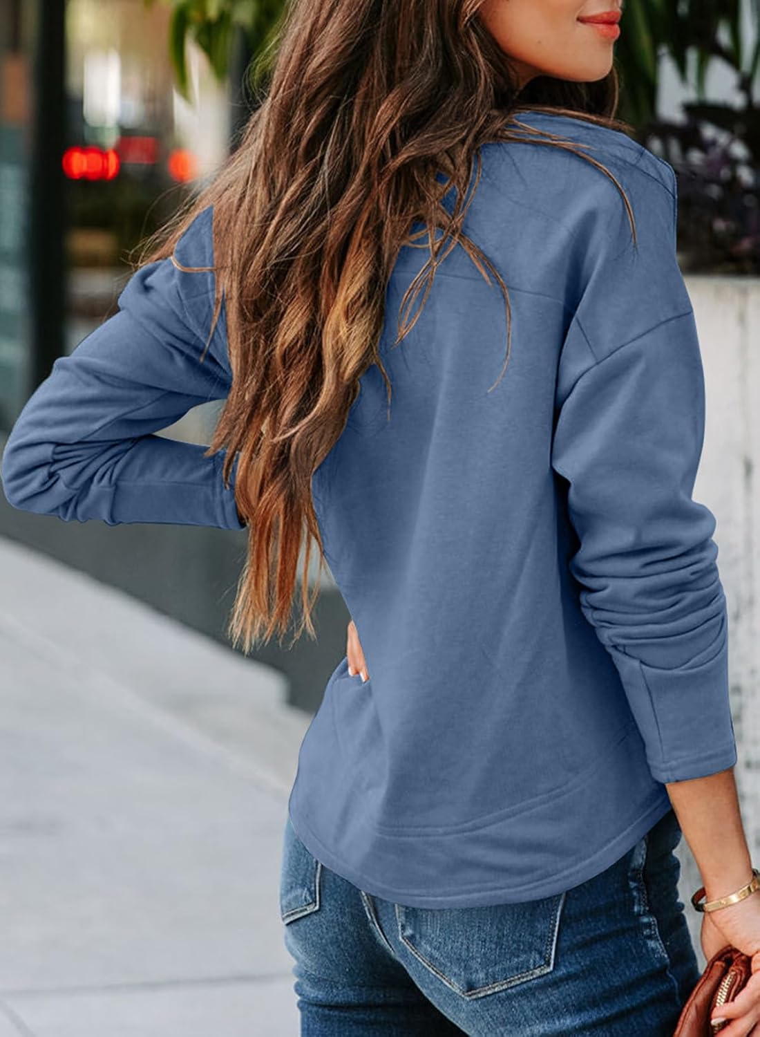 SHEWIN Womens Casual V Neck Sweatshirt Long Sleeve Lightweight Drop Shoulder Solid Pullover Tops - Image 4