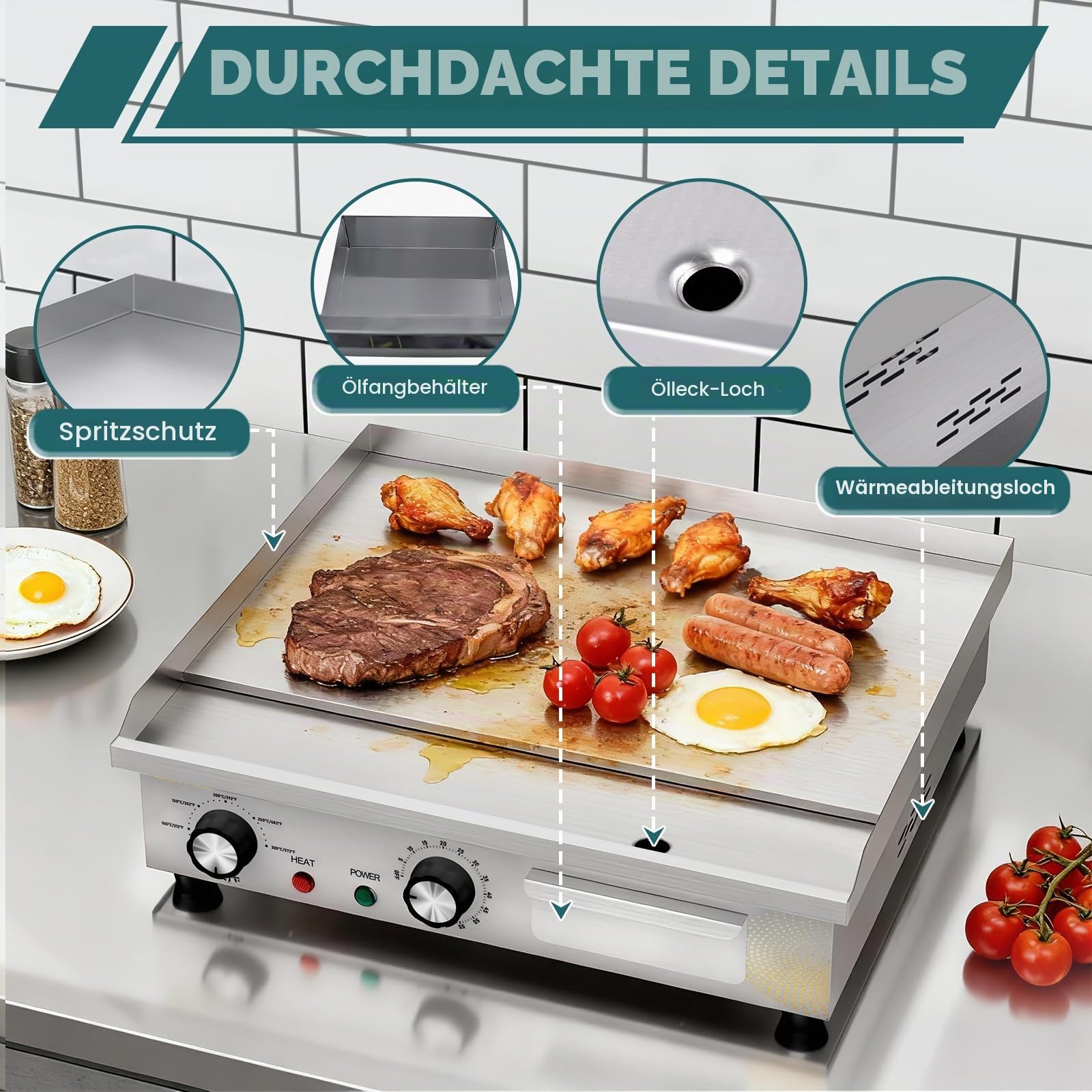 45cm Elektrische Grillplatte Gastro Elektrogrill mit Zeitschaltuhr | Plancha Grillplatte Elektrisch mit 45 cm Grillfläche, Profi Tischgrill elektrisch, Timer 0-60 Min, für Küche, Restaurant