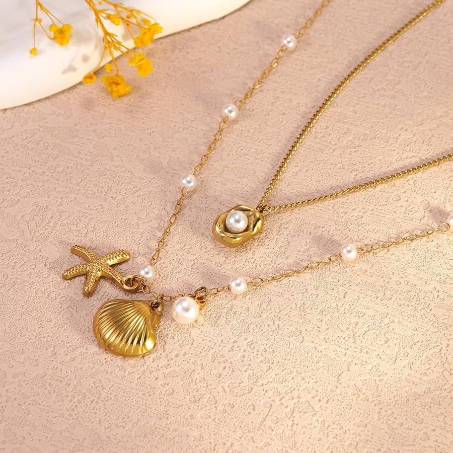 Ocean Shell Necklace Set - Beach Vacation Jewelry with White Bead and Glass Accents for Women, Summer Seaside Accessories, Two-Layer Adjustable depandent necklace as gifts for her (FSY773XL+078) - Image 3