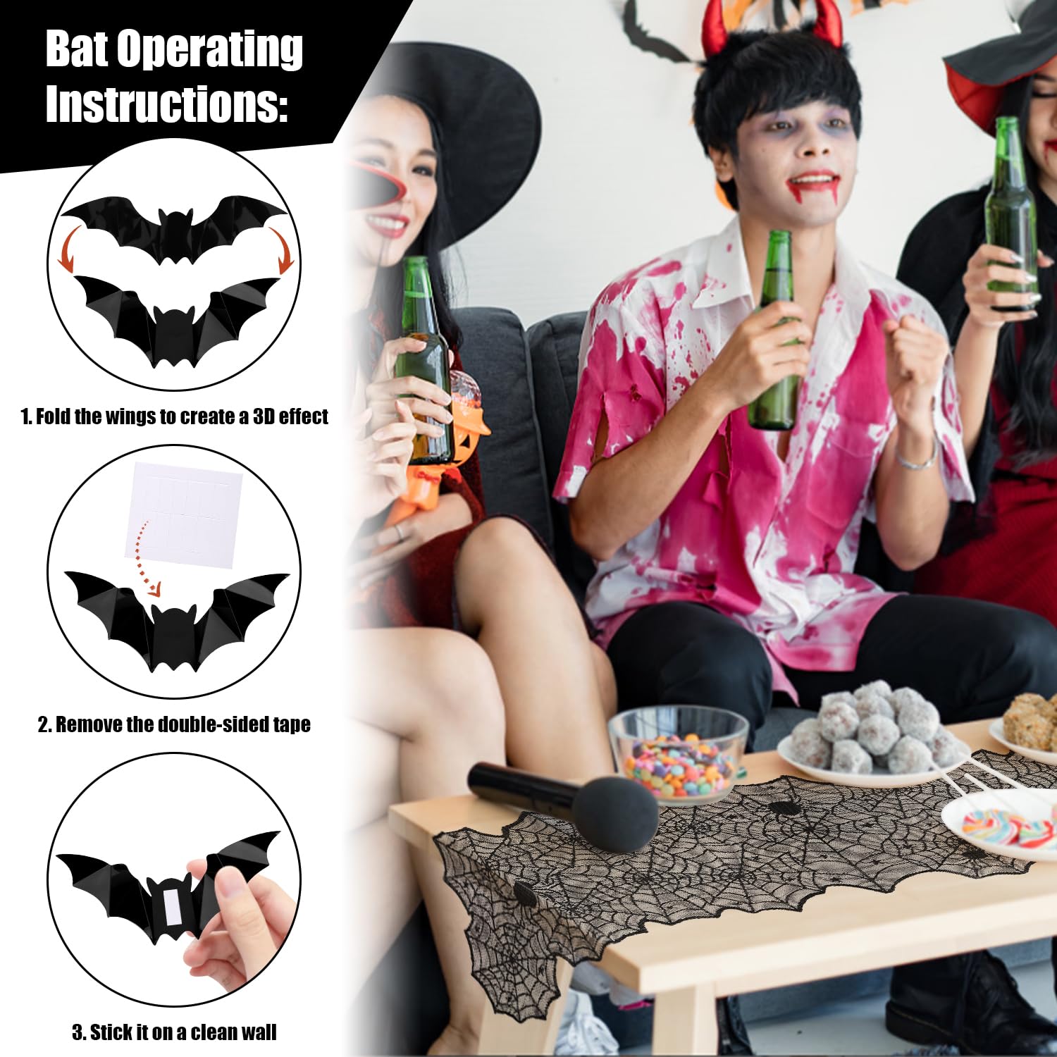 Halloween Table Runner With 3D Bats - Black Lace Spider Web Tablecloth For Spooky Party Decor (18x72 Inches)
