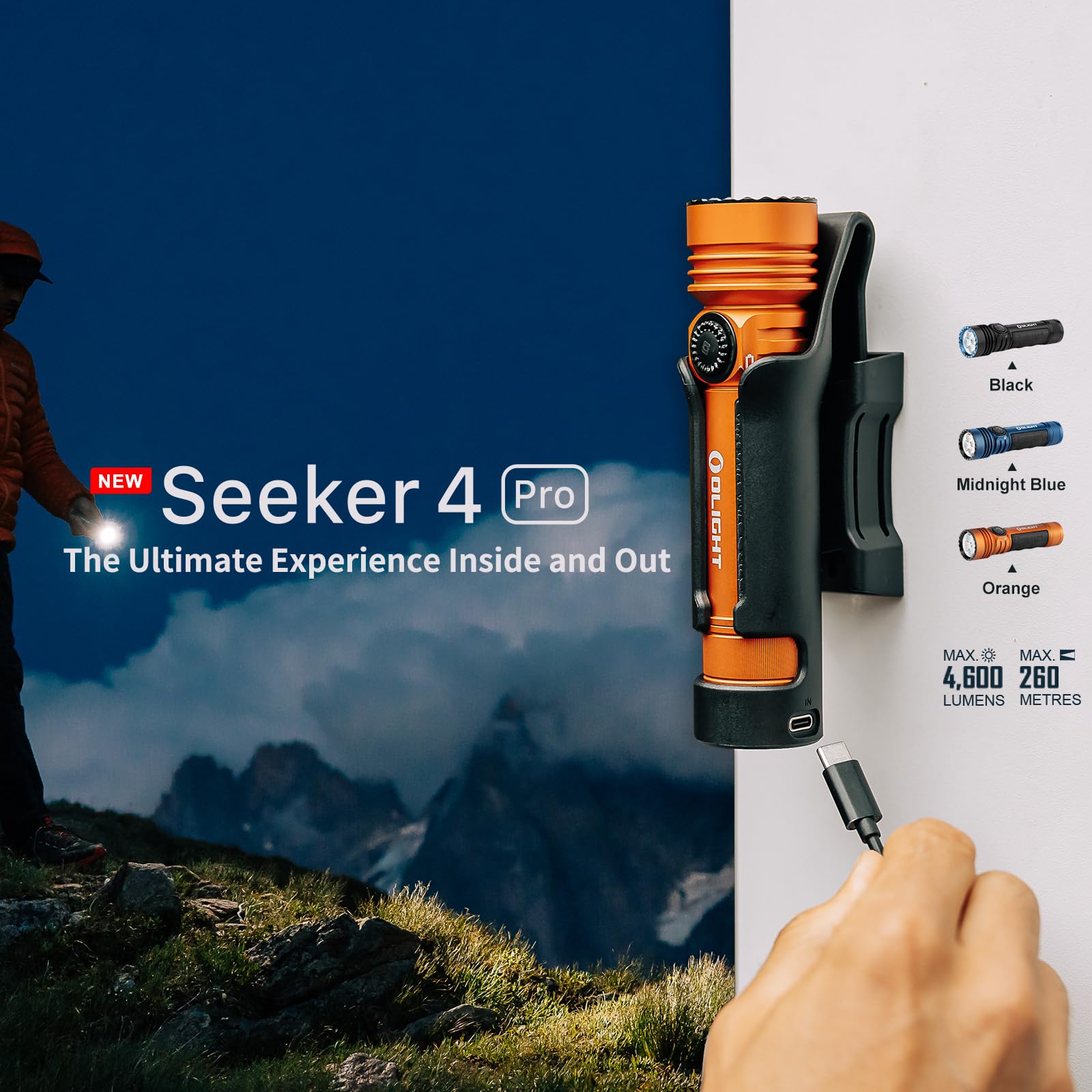 OLIGHT Seeker 4 Pro Torcia Ricaricabile Professionale Luce LED, Alta Potente 4600 Lumen, Impermeabile Due Modalità per Escursionismo, Campeggio Esterno e Uso di Emergenza (CW, Arancione)