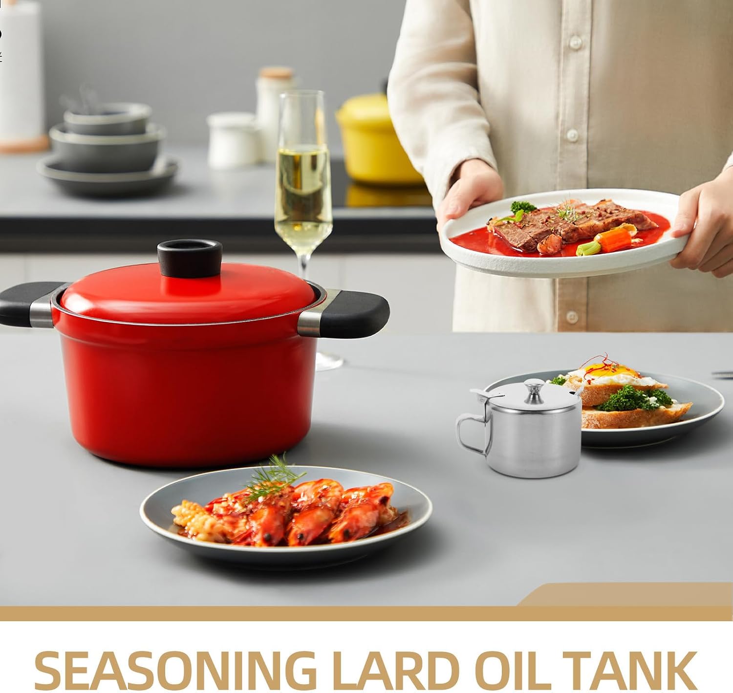 Seasoning Storage Jar Silver Stainless Steel with Lid and Spoon, Multi-use round Spice Container Keep Food Fresh Condiment Pot for Kitchen for Home Cooking