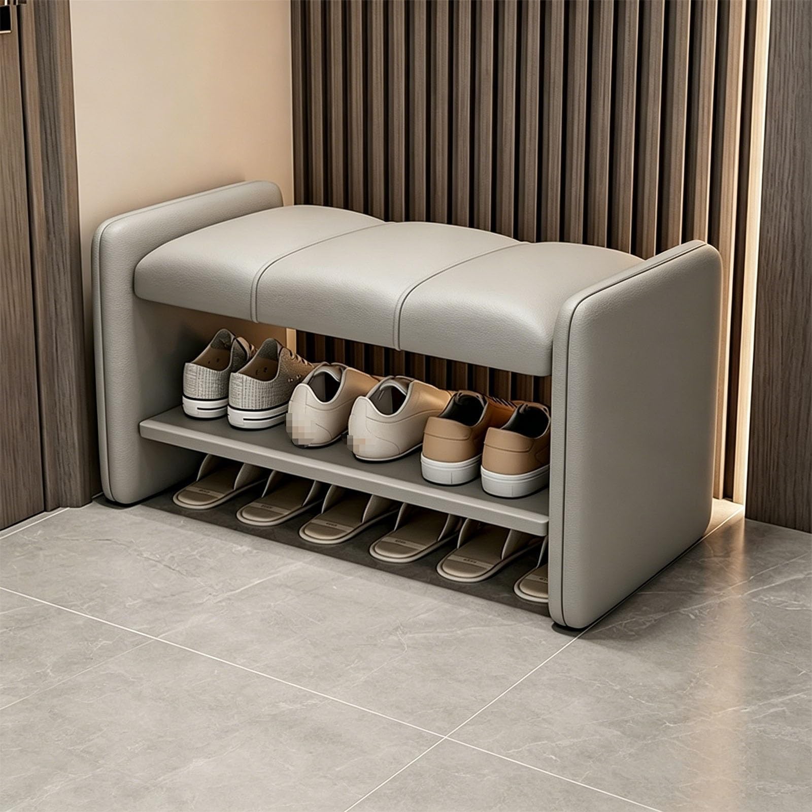 Banc porte-chaussures chaleureux en cuir gris pour une maison accueillante