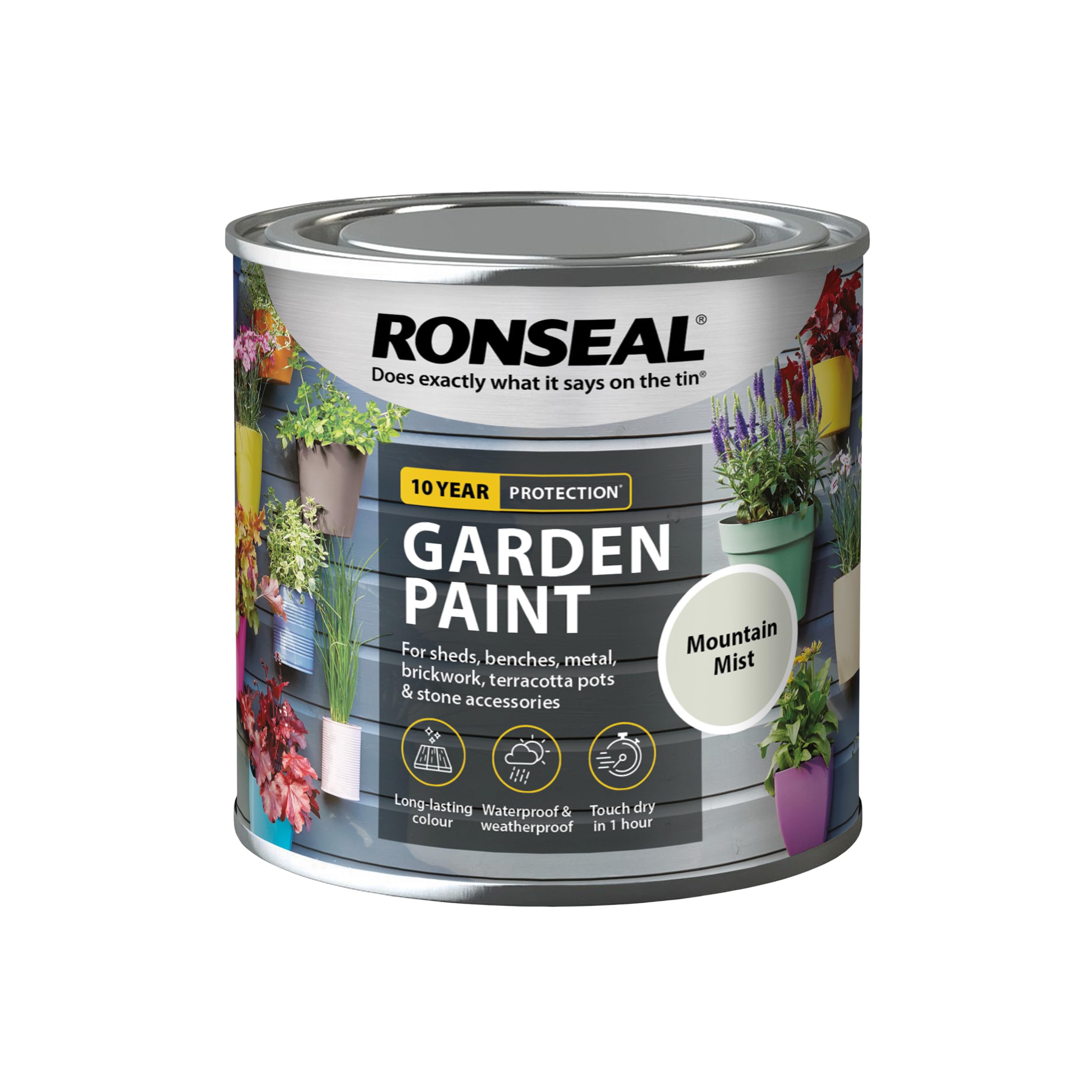 Ronseal Mountain Mist Garden Paint In Shade, 250Ml Tin, Suitable For Adding Colour To Wood, Brick, Terracotta And Metal Surfaces In Outdoor Garden Environments.