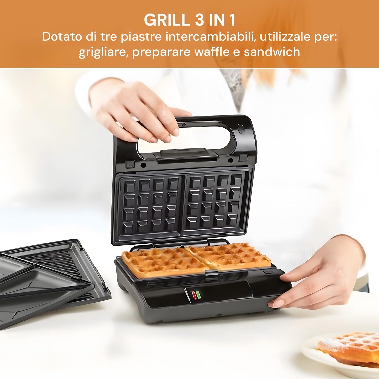 Wintem Piastra per Waffle e Sandwich Antiaderente in Acciaio Inox - Potenza 800W e Funzioni di Griglia, Waffle e Formaggio alla Griglia - Dimensioni 22,6x23,6x10,8cm - Piastre Intercambiabili