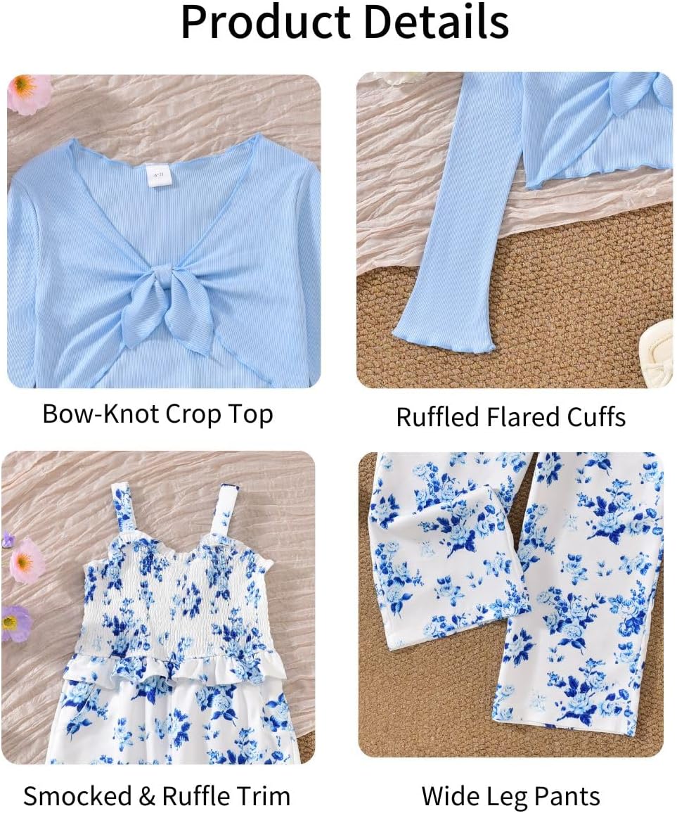 HIHA Girls Smocked Jumpsuit With Bell Sleeve Crop Tops Fall Winter Clothes Size 6-12