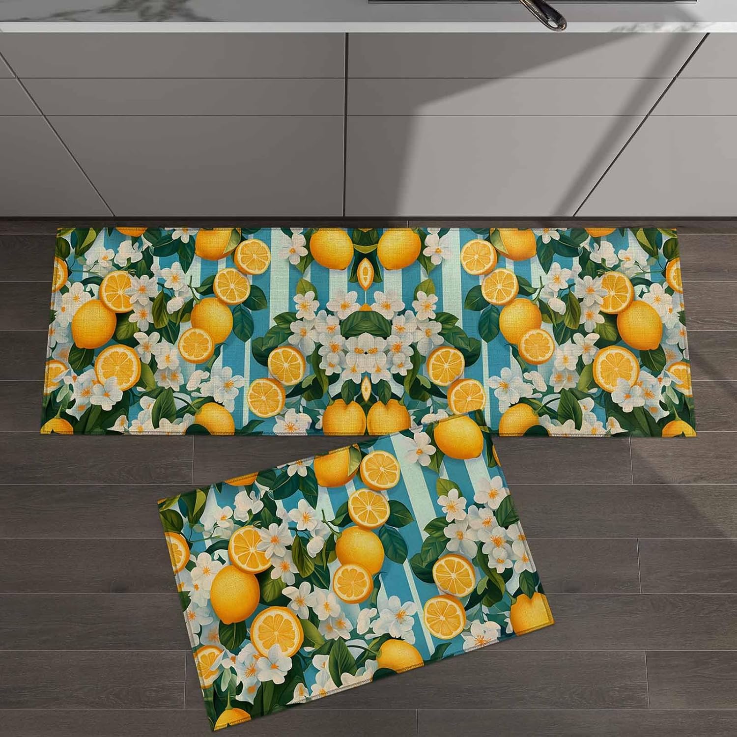 2 Pieces Kitchen Rugs and Mats,Summer Farm Yellow Lemon Blue Stripe Area Runner Rug Set Non Slip Floor Doormat Washable Carpet Standing Mat for Kitchen Sink Indoor Corridor,Flower Leaf Rustic Linen