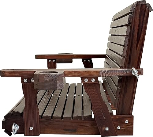 Miniatura 65 de Columpio de madera para porche de 2 plazas, respaldo alto y asiento profundo, columpio de banco con portavasos, cadenas colgantes y resortes