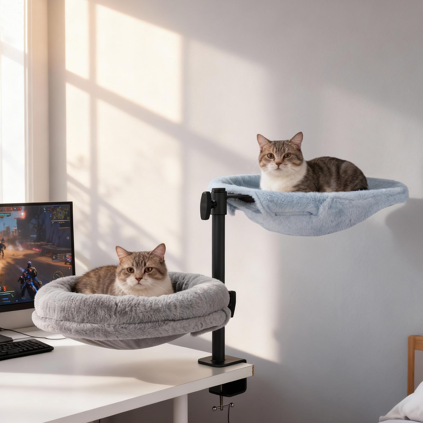 Odoland Cama de escritorio 2 en 1 para gatos - Hamaca para gatos para trabajadores desde casa - Soporte de escritorio giratorio 360° de altura ajustable con abrazadera y colchón de repuesto - Peso