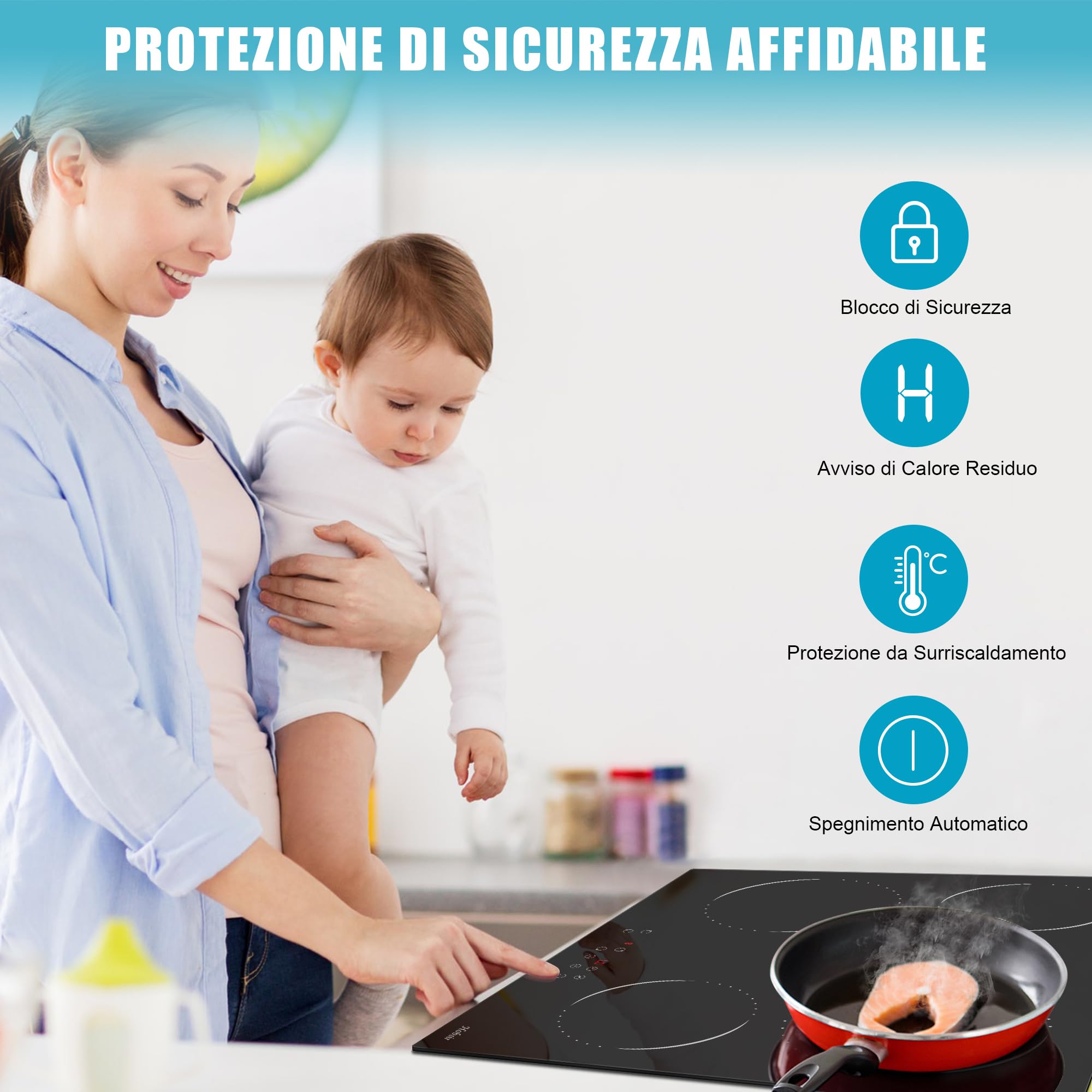 Hobsir Piano Cottura Vetroceramica 4 Fuochi, Piano Cottura Elettrico da incasso 60CM, Piastra Vetroceramica 6000W, 9 Livelli di Potenza, Blocco di Sicurezza, 220V