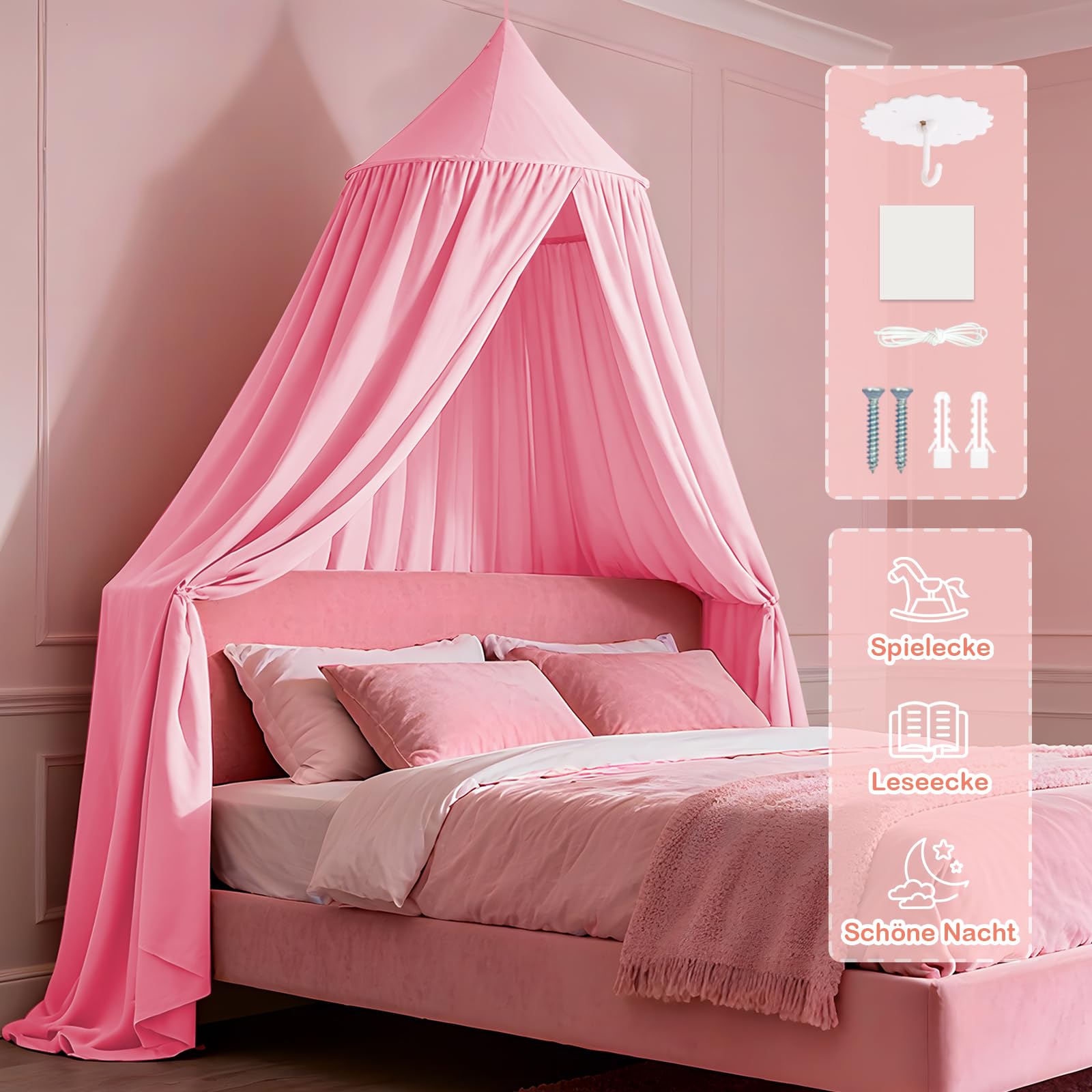 Baldachin Kinderzimmer, Betthimmel Babybett, Hängende Rund Princess Insektennetz Moskitonetz, Himmelbett Vorhänge Deko für Mädchen & Jungen (Rosa 60 * 230 * 450cm)