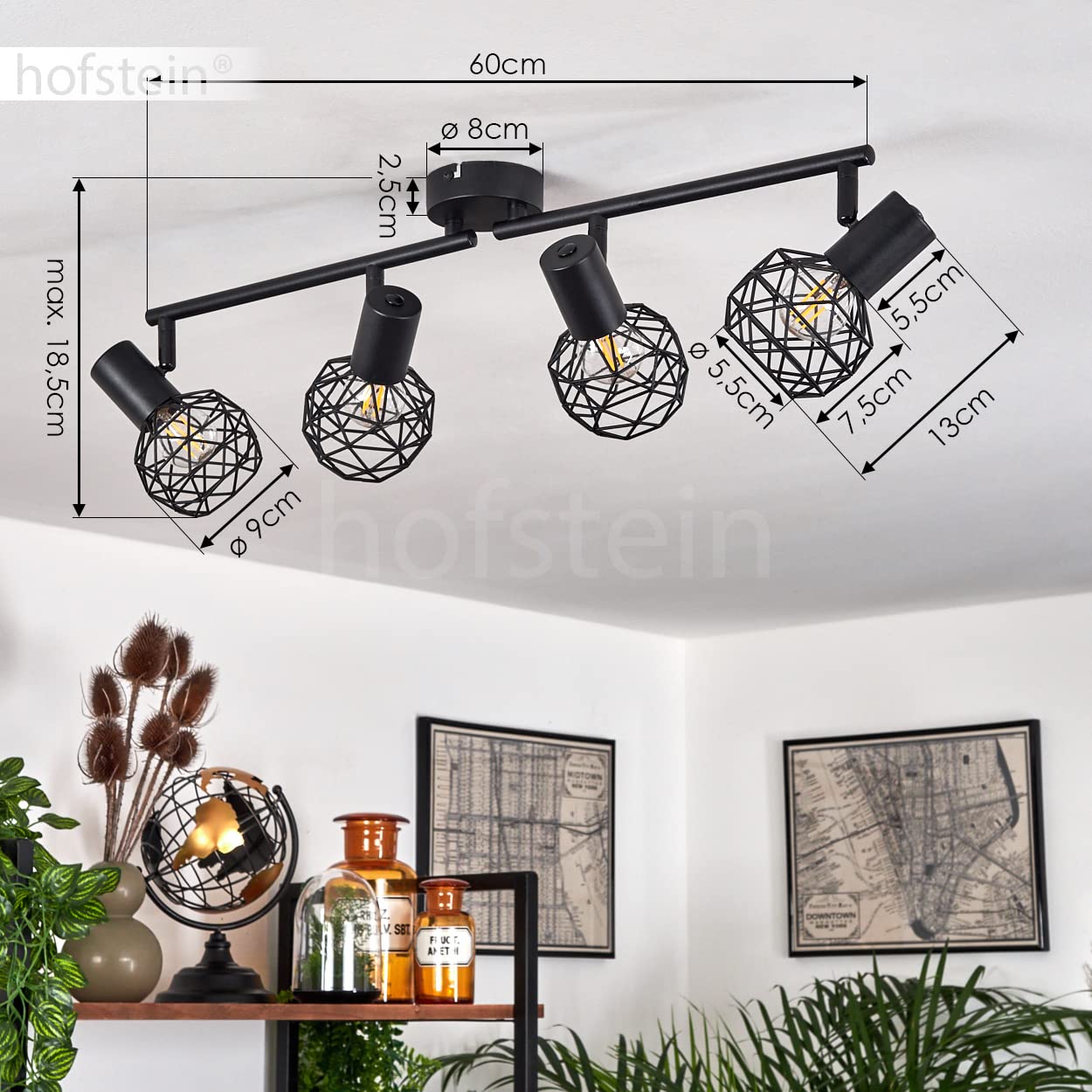 hofstein Lámpara de techo Palmira, lámpara de techo de metal en negro, 4 luces, con focos y brazos regulables, 4 x E14, diseño retro/vintage, sin bombilla(s)