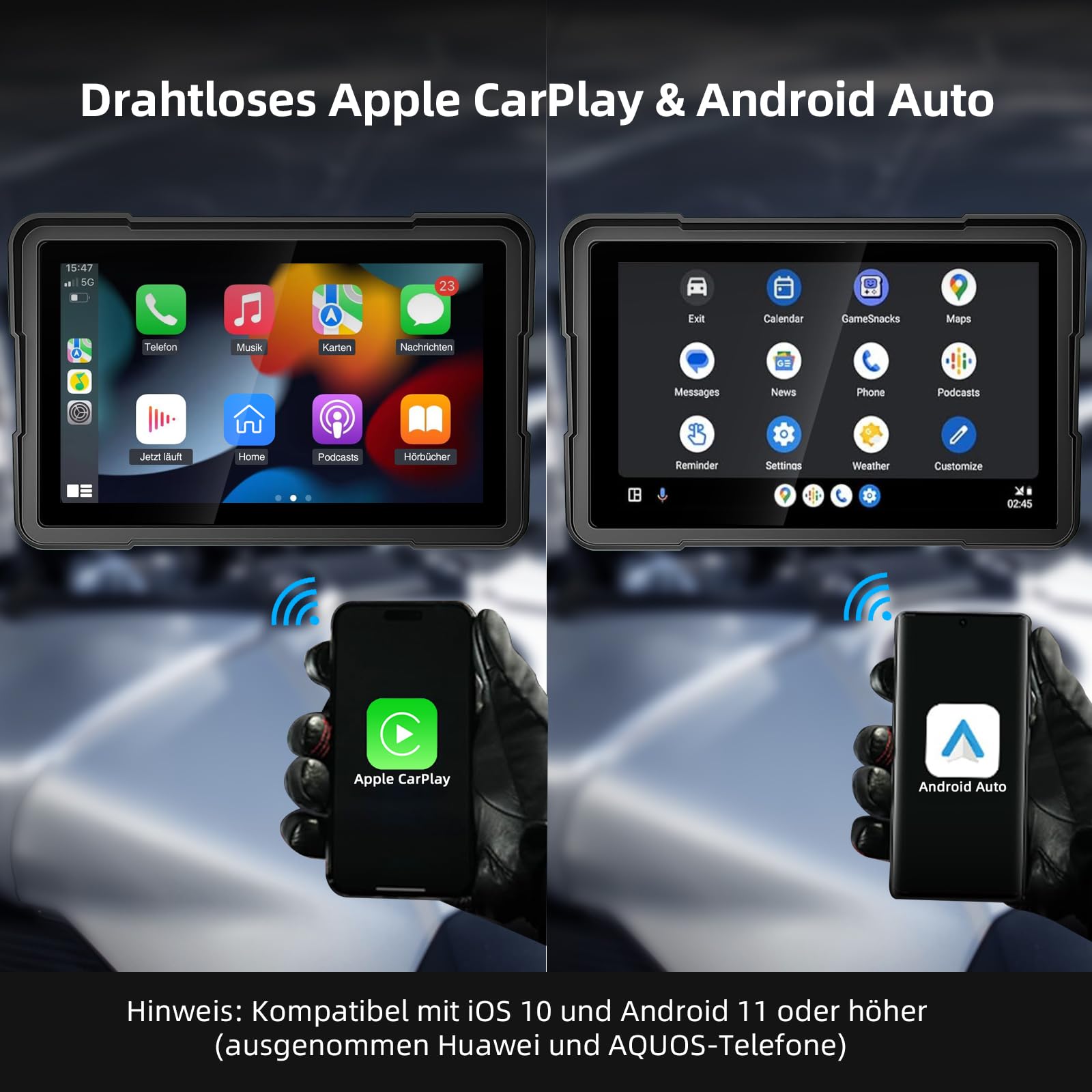 7 Zoll Motorrad Display mit Wireless CarPlay & Android Auto, 1000 Nits Helles Motorrad Navi Touchscreen, IP67 Wasserdicht, Dual-Stromversorgung (Acc/USB), Sprachsteuerung für Navigation & Musik