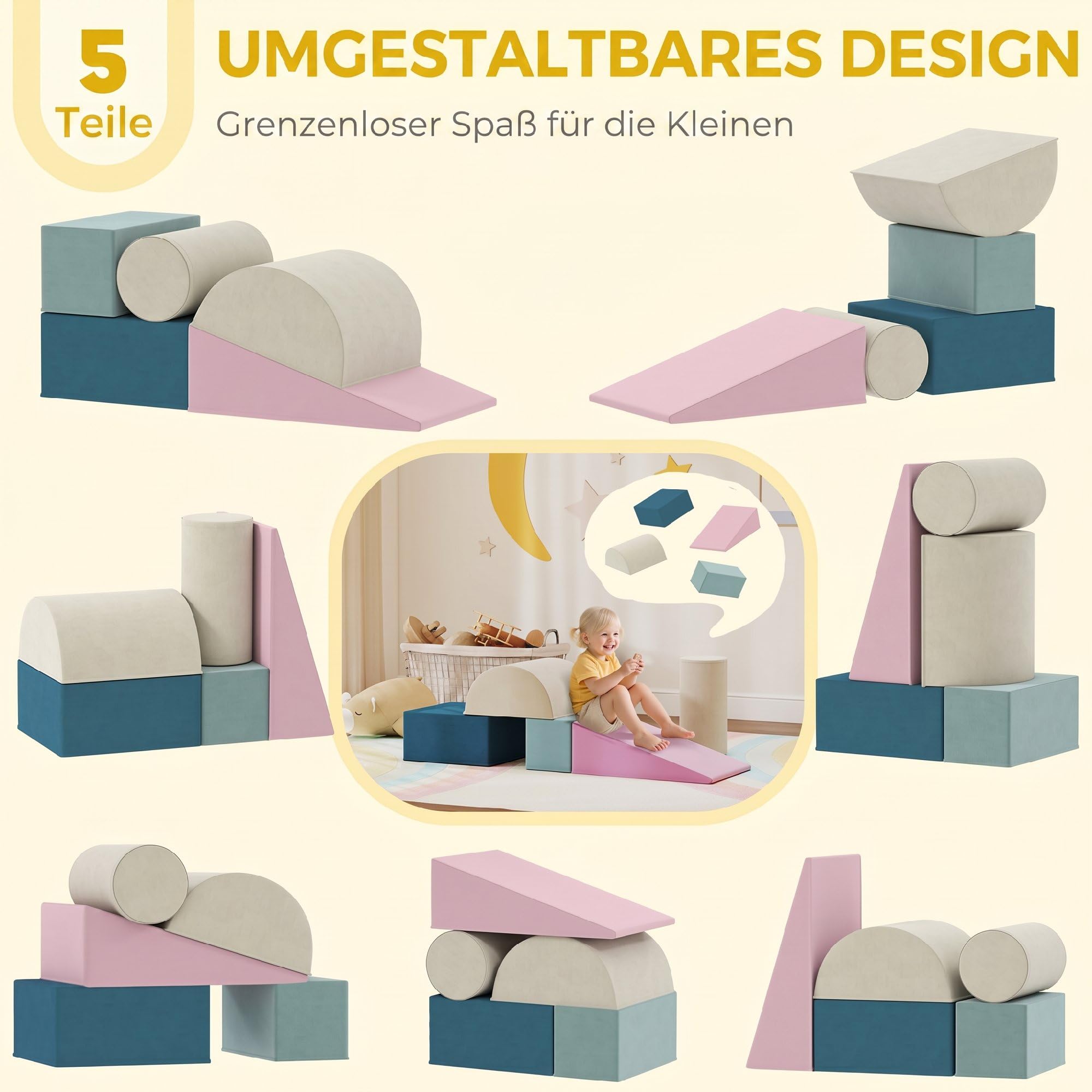 AIYAPLAY Schaumstoff Bausteine für Kinder 5 Teilig XXL Softbausteine Bunt | Kletterblöcke, Rutschfest, Kletterspielzeug, Montessori Spielzeug, Waschbare Bezug, für Zuhause