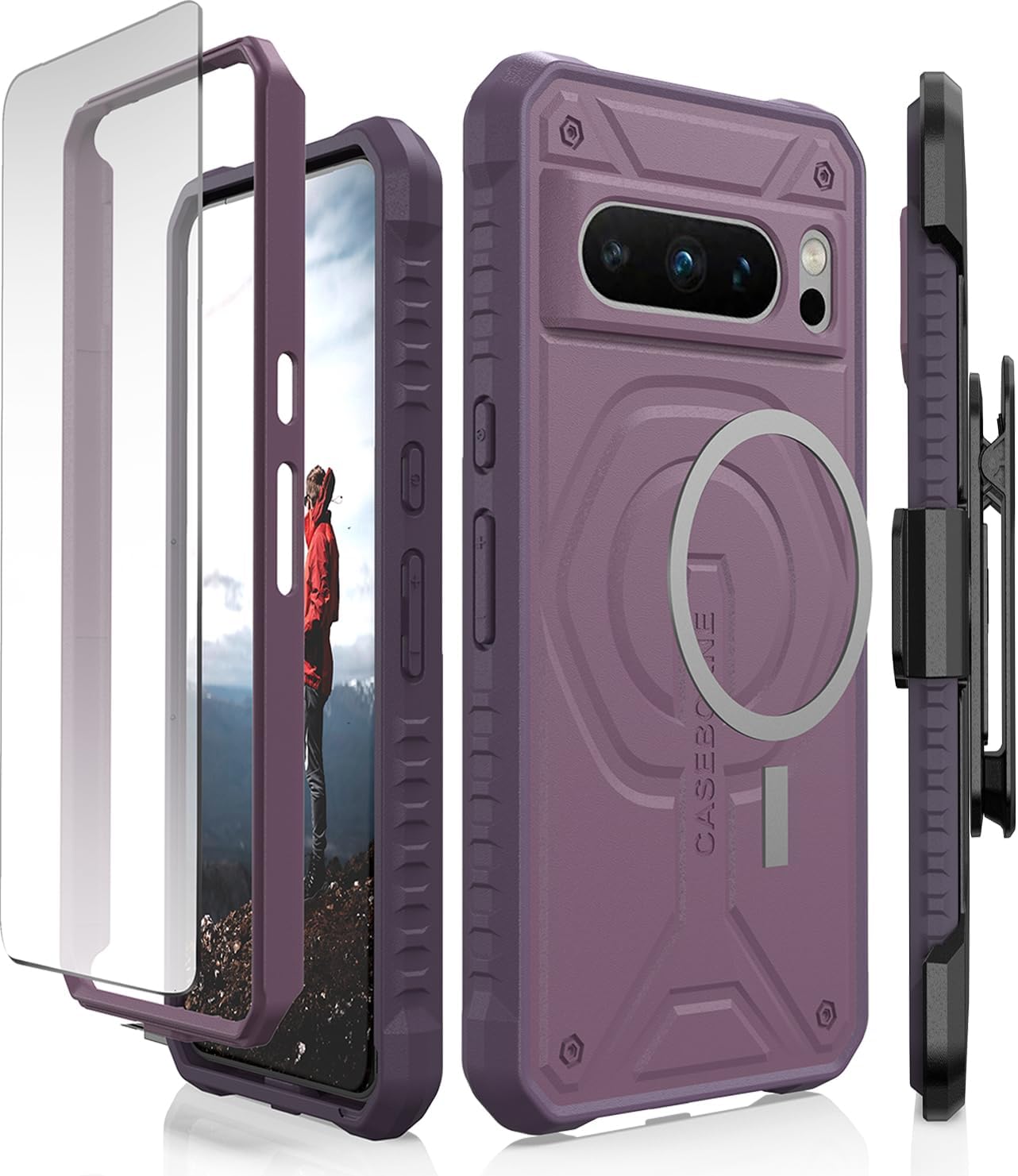 CaseBorne Compatible with Google Pixel 8 Pro Protective Case - Compatible with MagSafe, Slim Yet Rugged with Tempered Glass Screen Protector and Belt Clip Holster Purple